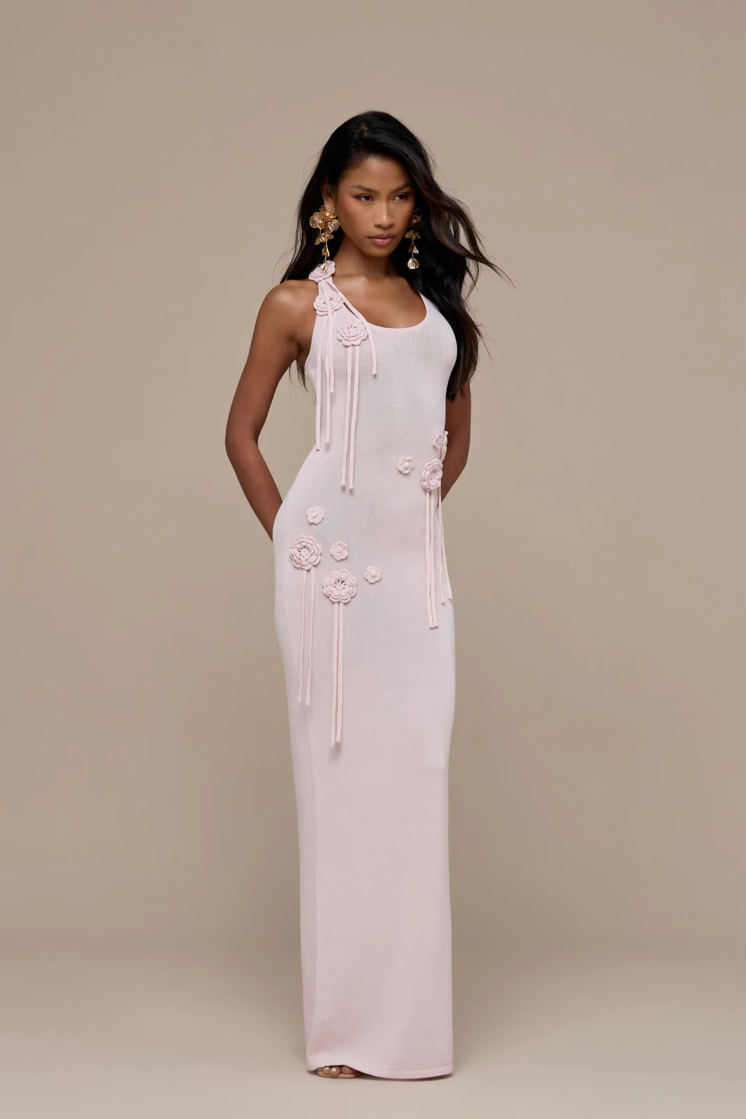 LILLY KNITTED MAXI DRESS WITH CROCHET FLOWER DETAIL | BABY PINK - Image 9