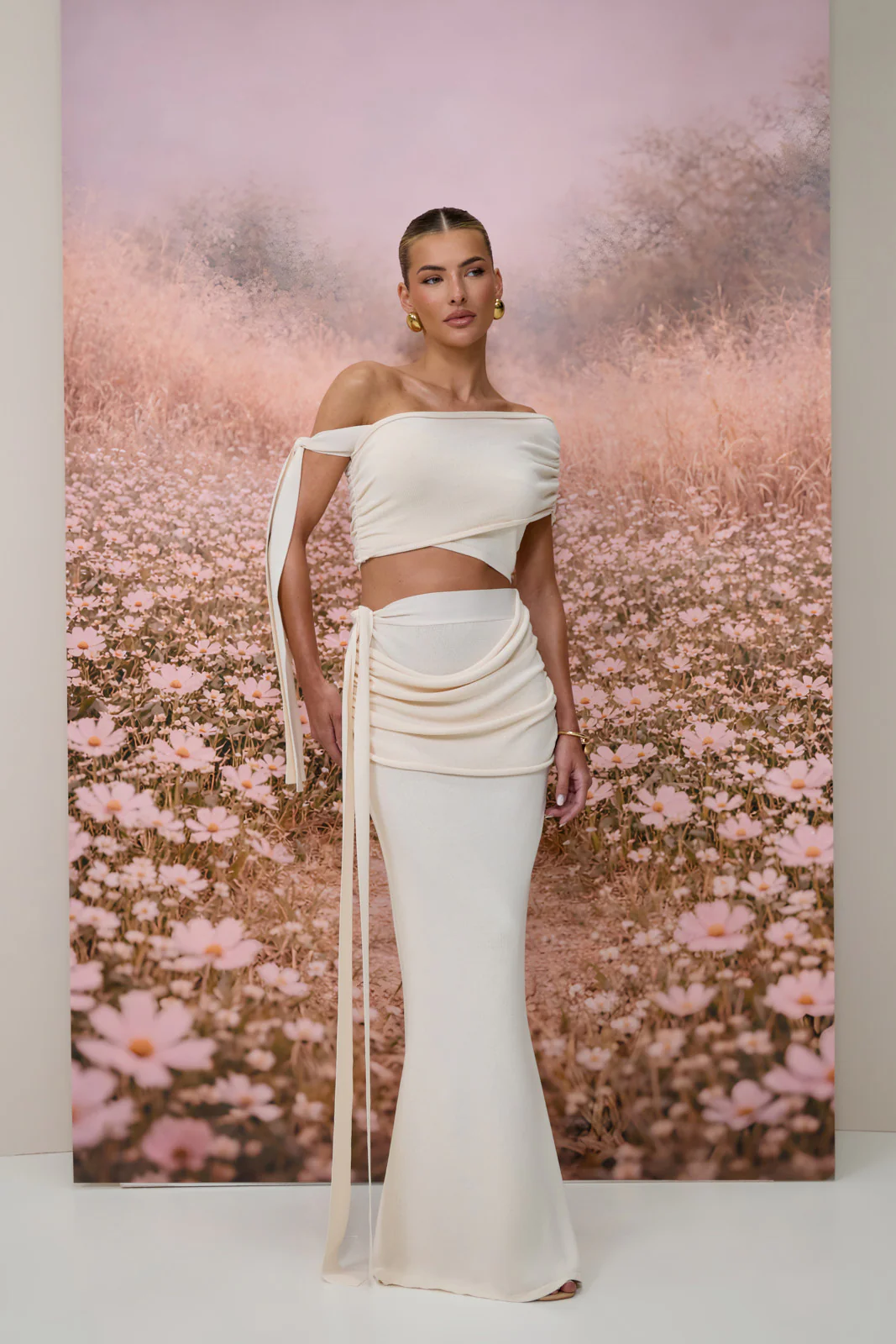 LOIS KNITTED MAXI SKIRT WITH DRAPE DETAIL | VANILLA