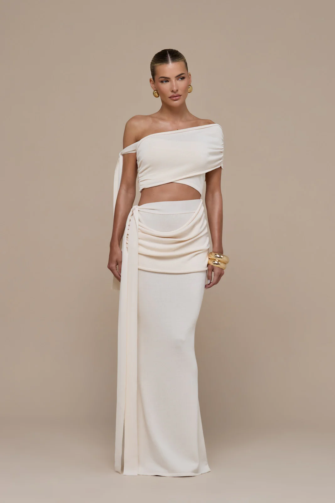 LOIS KNITTED MAXI SKIRT WITH DRAPE DETAIL | VANILLA - Image 3