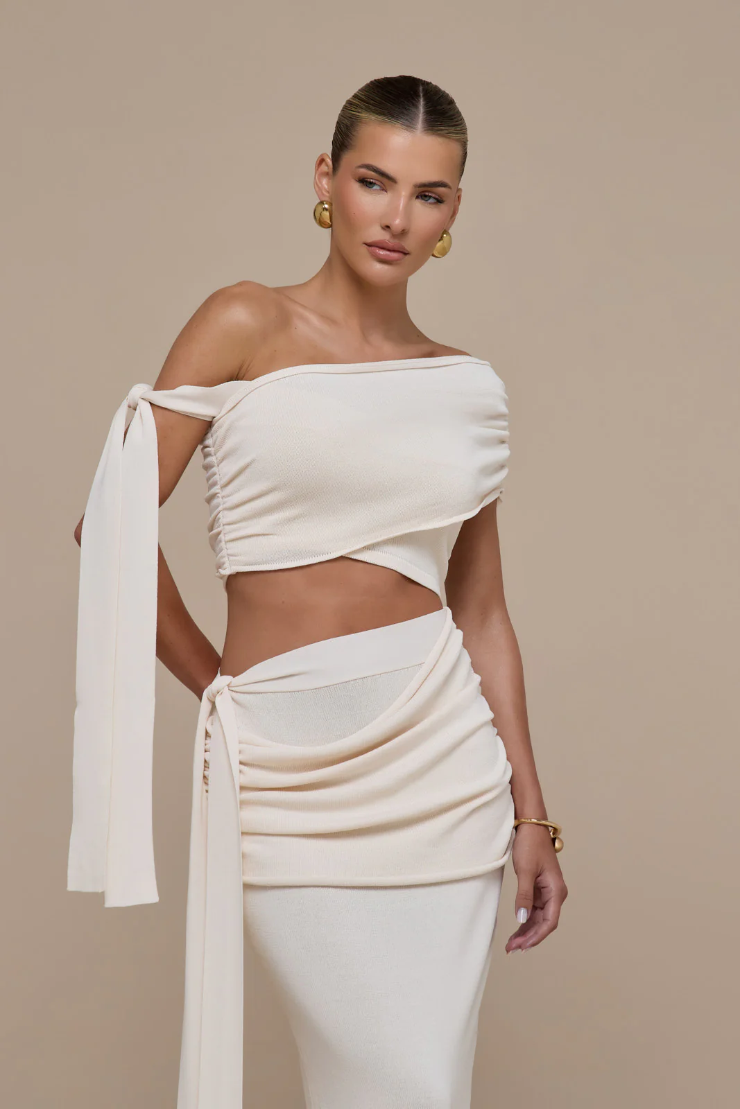 LOIS KNITTED OFF THE SHOULDER TIE DETAIL TOP | VANILLA - Image 2