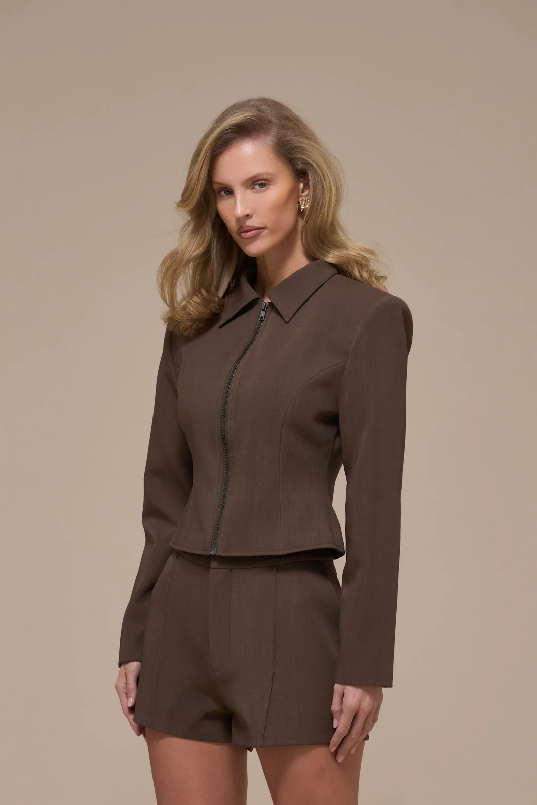 MAEVE LONG SLEEVE TAILORED TOP WITH ZIP | BROWN - Image 5