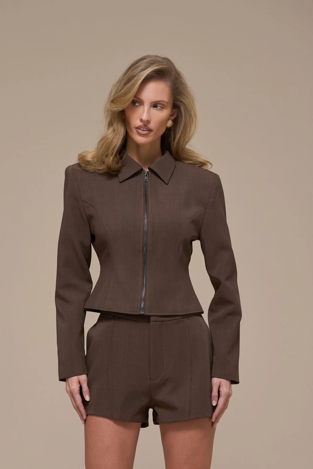 MAEVE LONG SLEEVE TAILORED TOP WITH ZIP | BROWN - Image 7