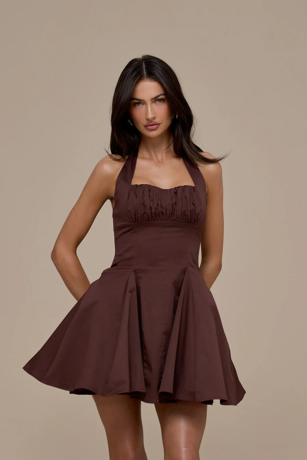 MARILYN HALTER NECK MINI DRESS | CHOCOLATE BROWN - Image 2