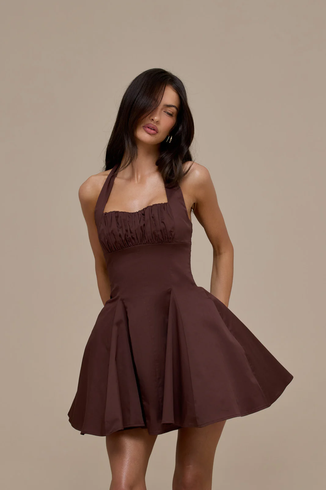 MARILYN HALTER NECK MINI DRESS | CHOCOLATE BROWN - Image 7
