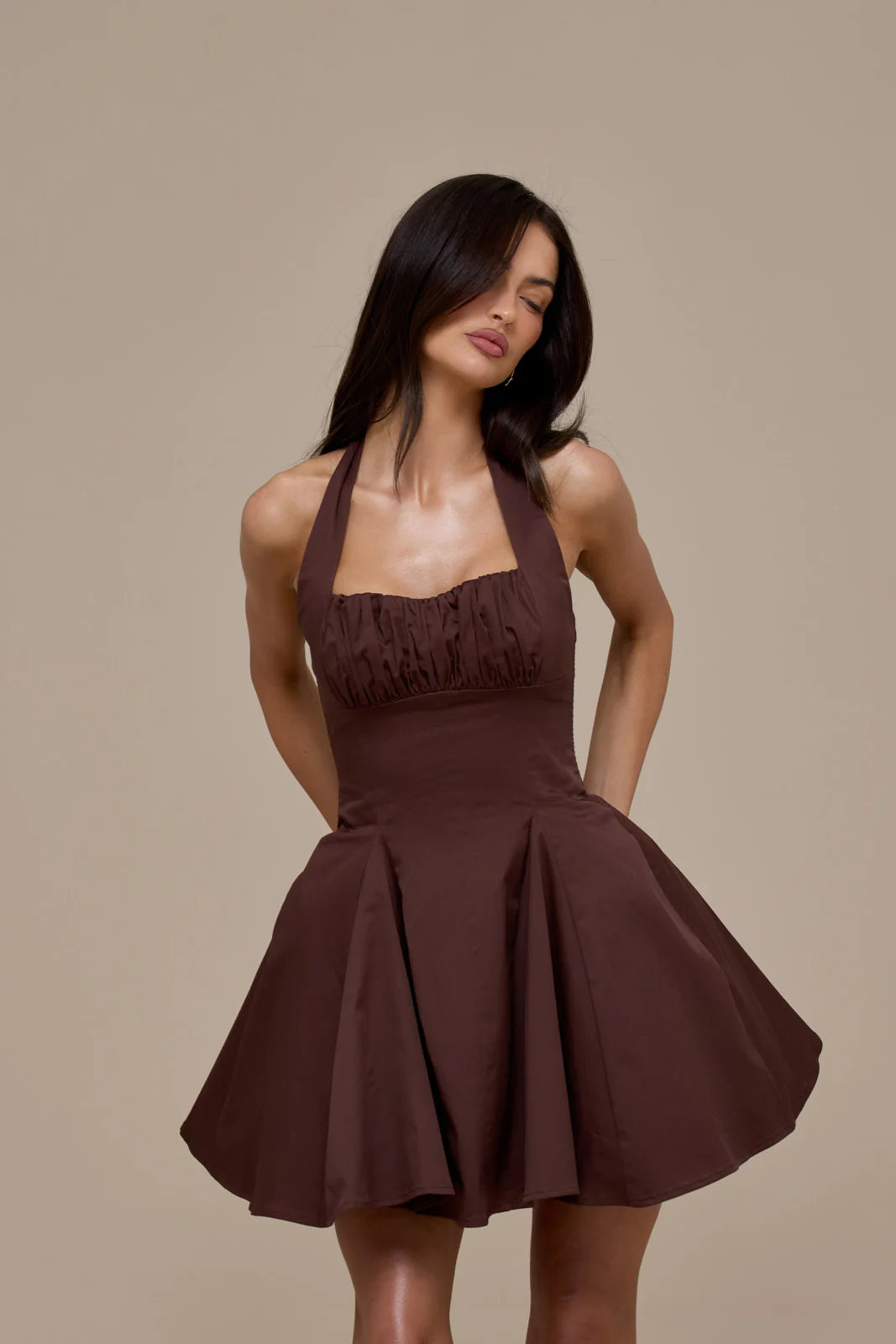 MARILYN HALTER NECK MINI DRESS | CHOCOLATE BROWN - Image 8