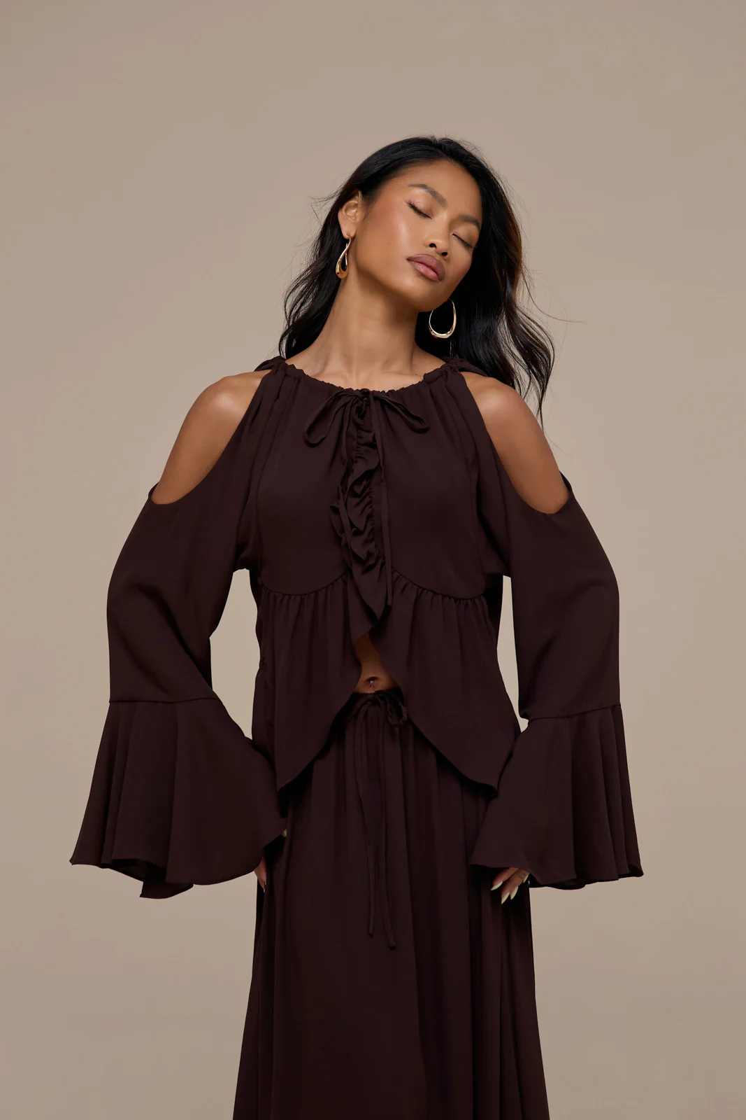 MEADOW HALTER NECK TOP WITH LONG SLEEVES | CHOCOLATE BROWN