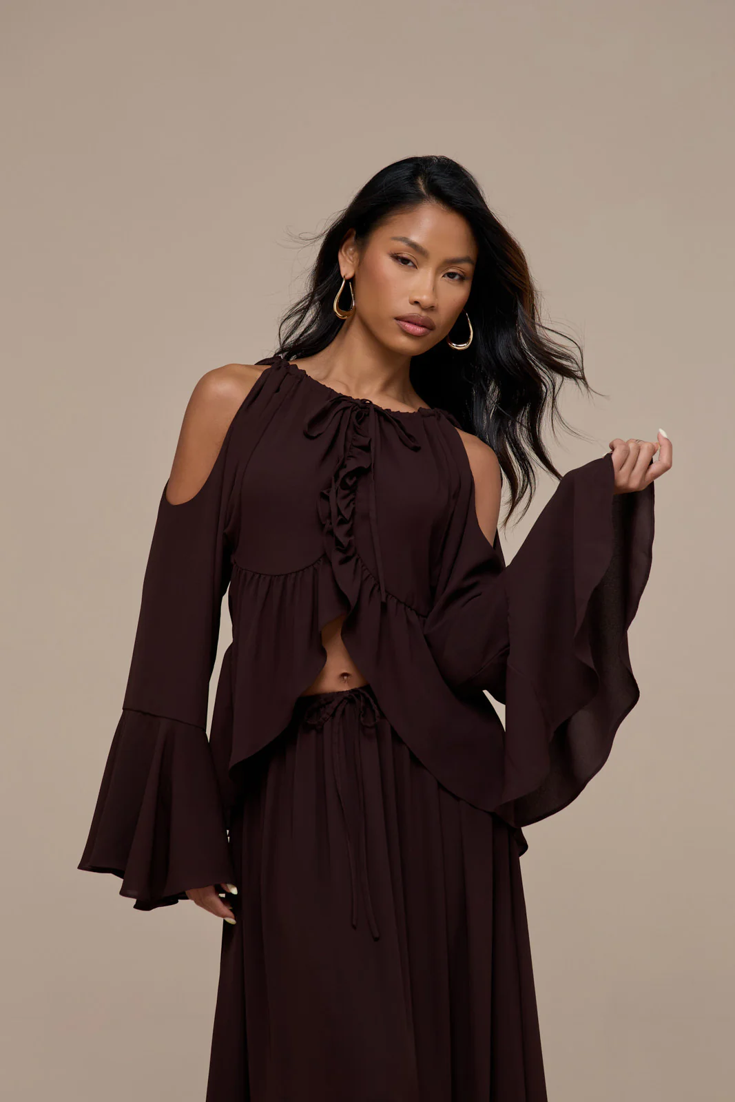 MEADOW HALTER NECK TOP WITH LONG SLEEVES | CHOCOLATE BROWN - Image 4