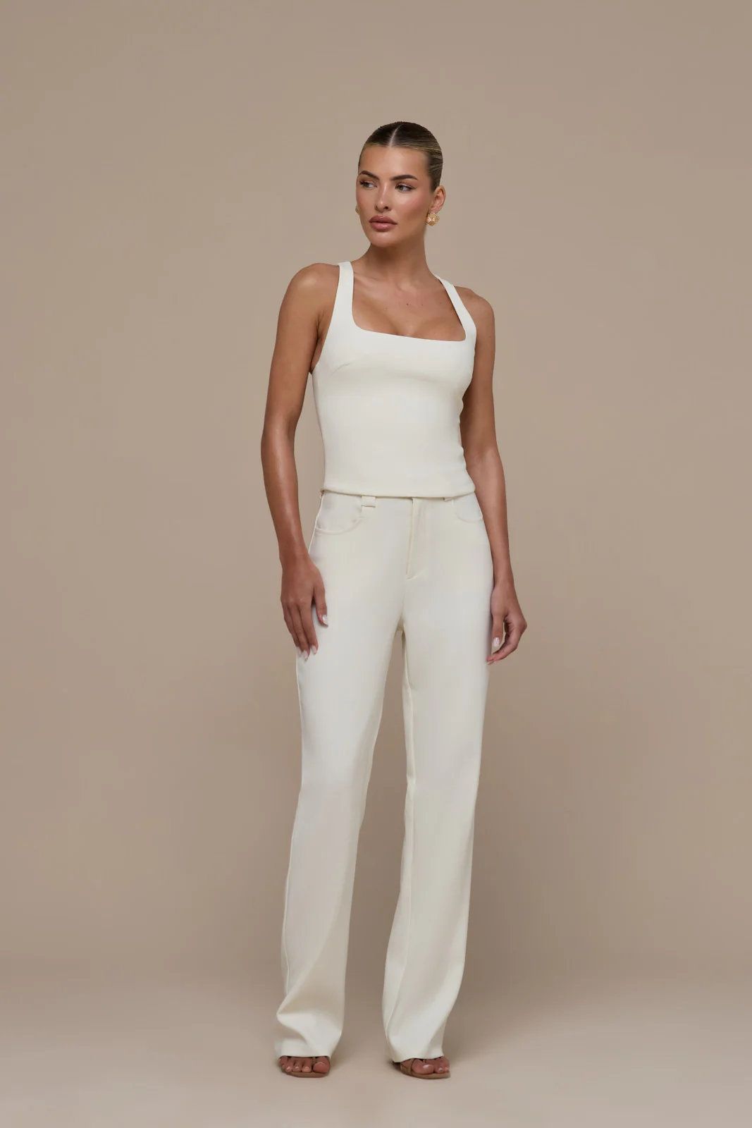 OLIVIA STRAIGHT LEG TROUSERS WITH ADJUSTABLE WAIST | CREAM - Image 2