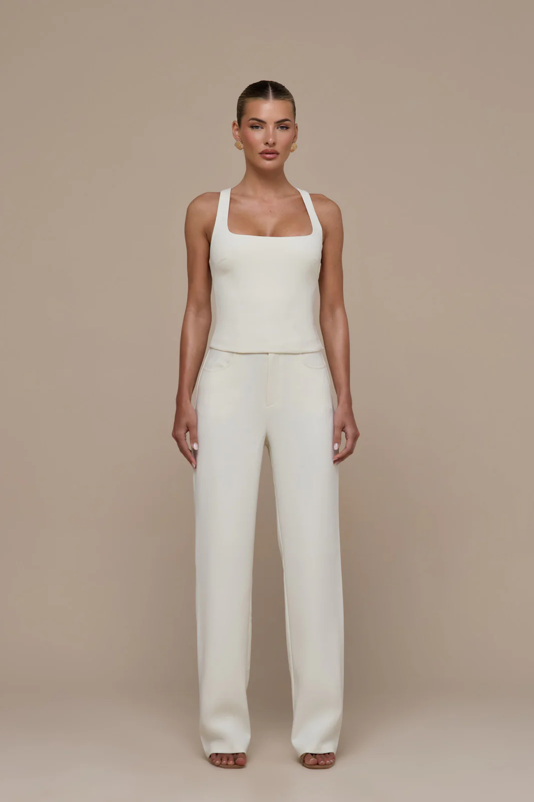 OLIVIA STRAIGHT LEG TROUSERS WITH ADJUSTABLE WAIST | CREAM - Image 3