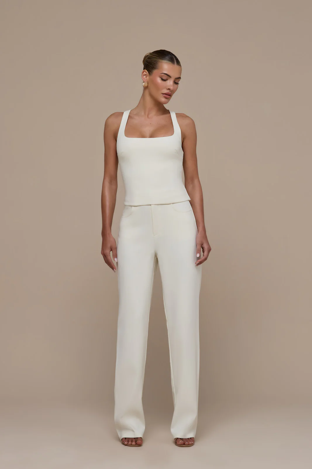 OLIVIA STRAIGHT LEG TROUSERS WITH ADJUSTABLE WAIST | CREAM - Image 4