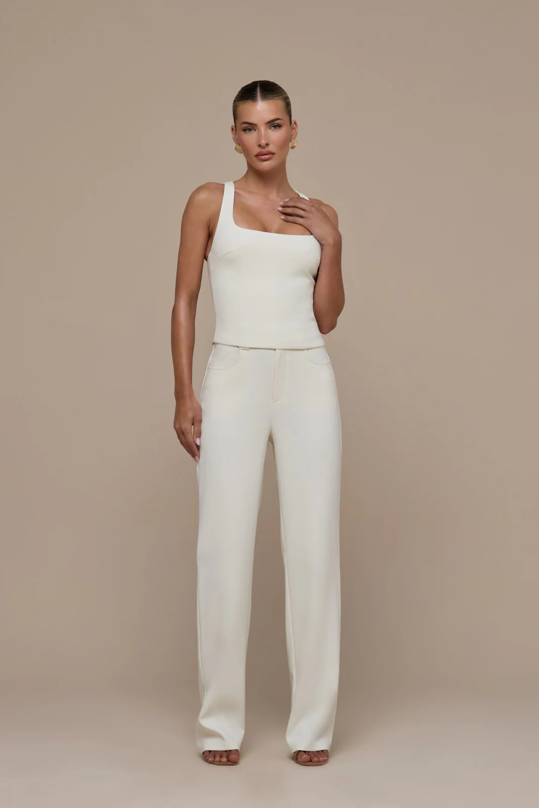 OLIVIA STRAIGHT LEG TROUSERS WITH ADJUSTABLE WAIST | CREAM - Image 5
