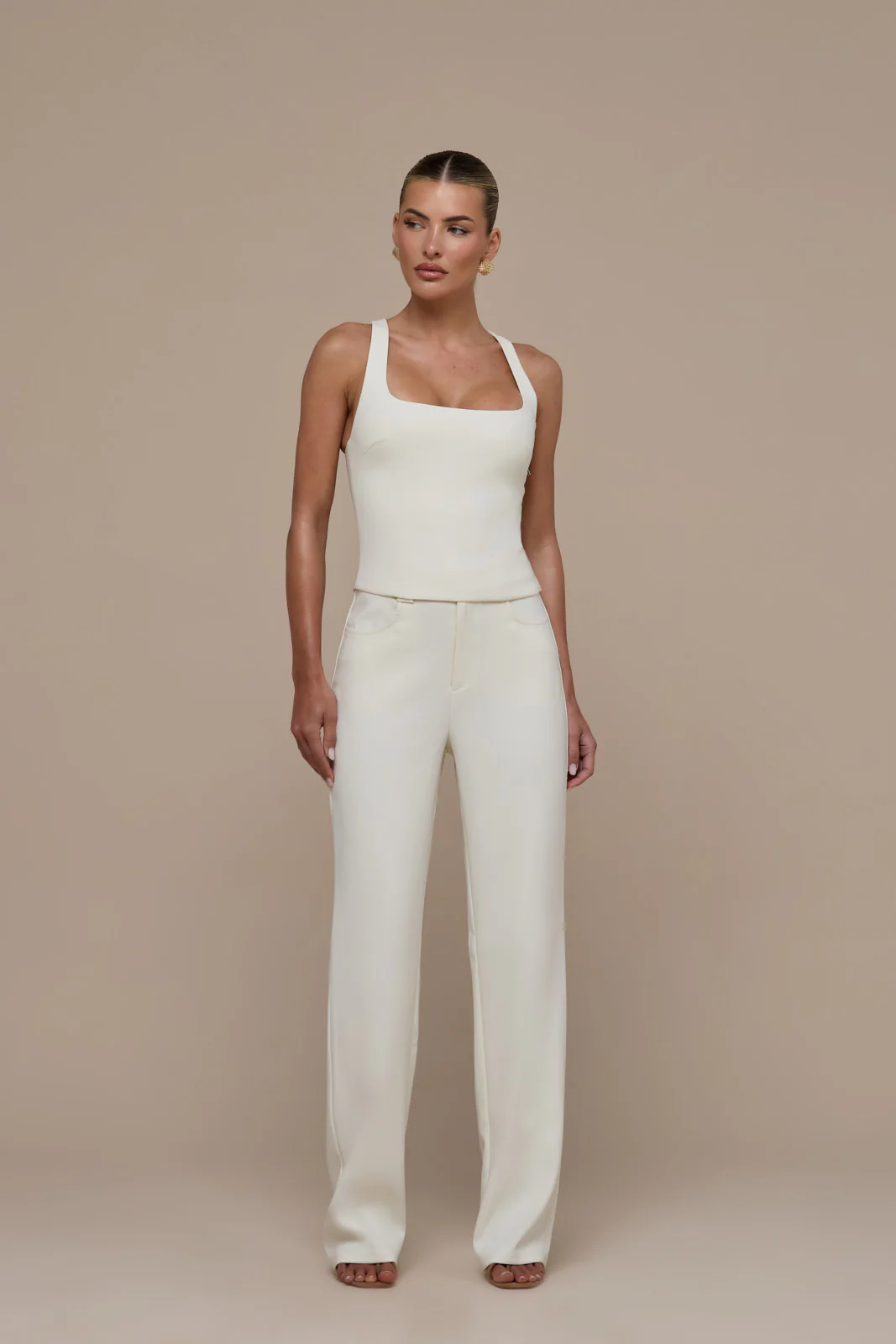 OLIVIA STRAIGHT LEG TROUSERS WITH ADJUSTABLE WAIST | CREAM - Image 6