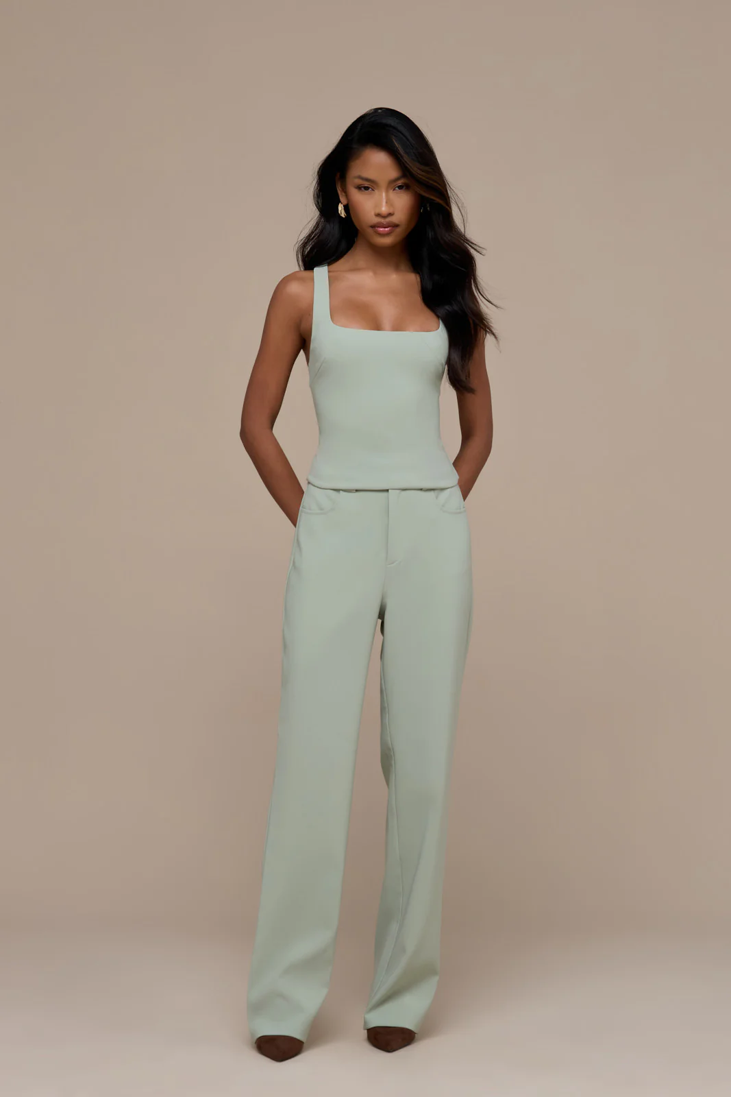 OLIVIA STRAIGHT LEG TROUSERS WITH ADJUSTABLE WAIST | SAGE - Image 3