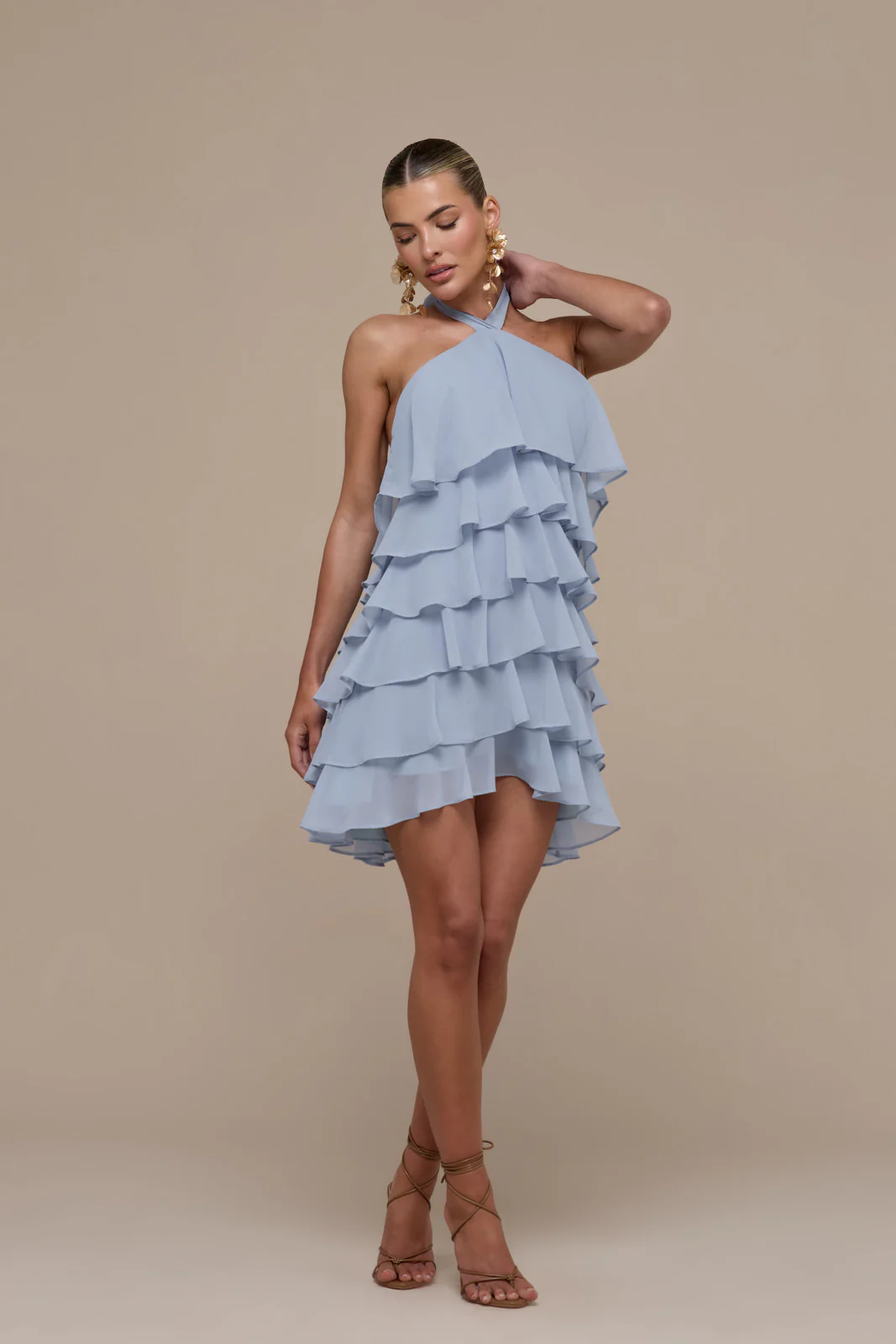 PRIMROSE HALTER NECK TIERED RUFFLE MINI DRESS | POWDER BLUE - Image 10