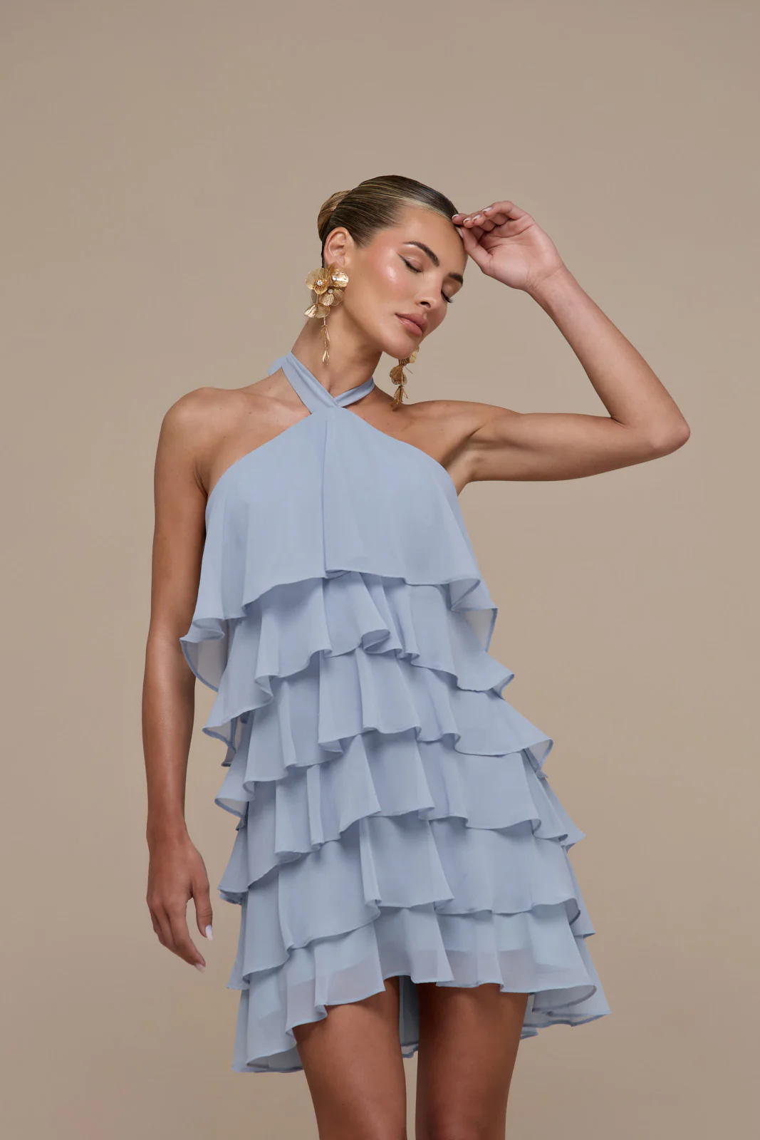 PRIMROSE HALTER NECK TIERED RUFFLE MINI DRESS | POWDER BLUE - Image 11