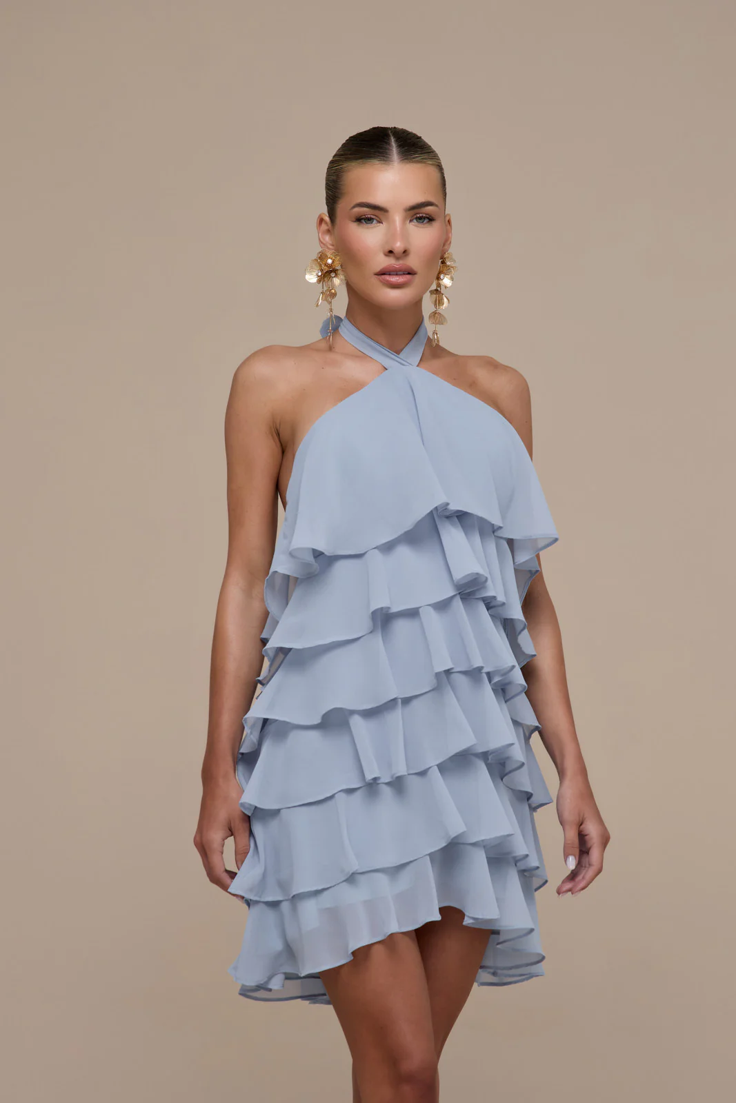 PRIMROSE HALTER NECK TIERED RUFFLE MINI DRESS | POWDER BLUE - Image 12