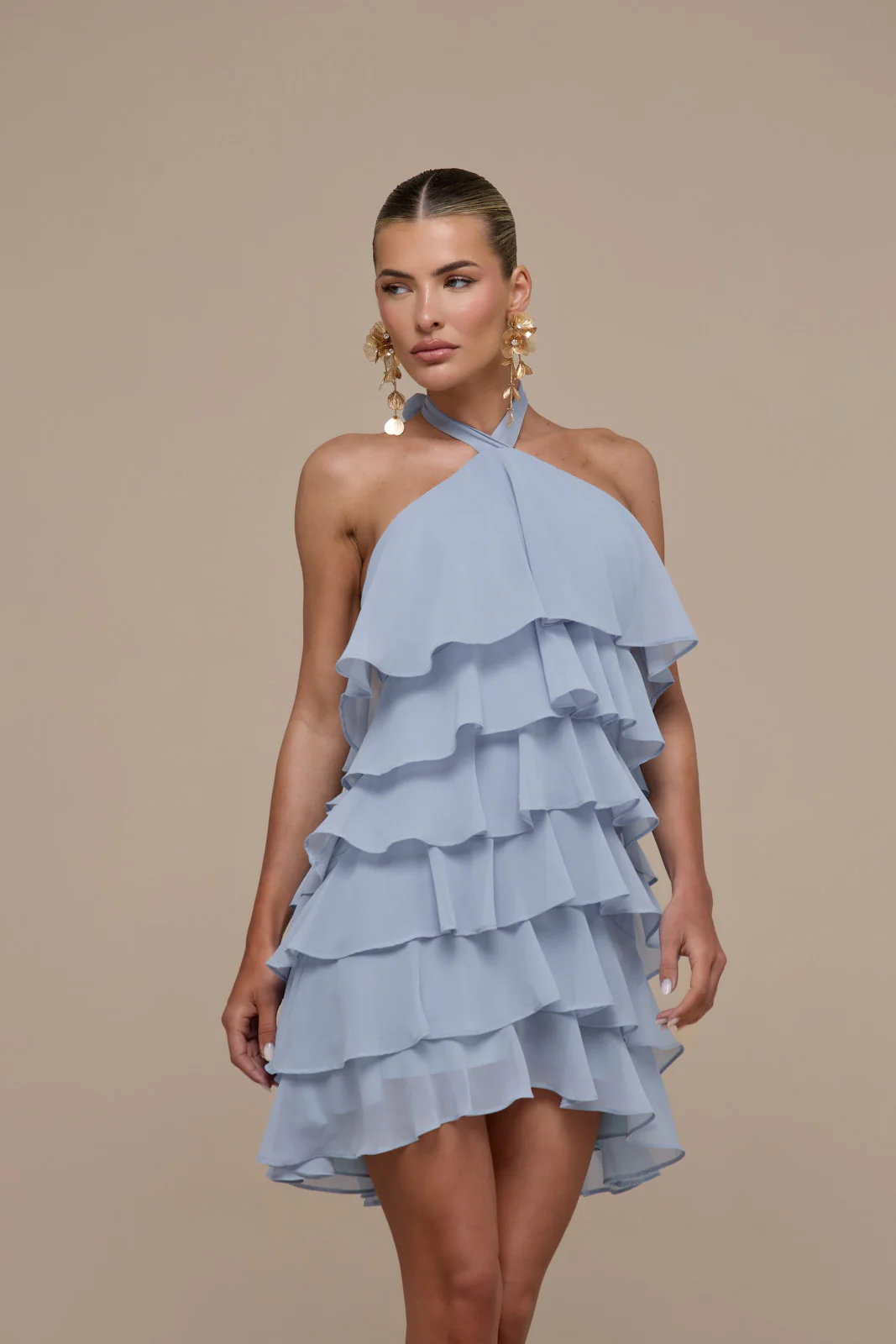 PRIMROSE HALTER NECK TIERED RUFFLE MINI DRESS | POWDER BLUE - Image 13