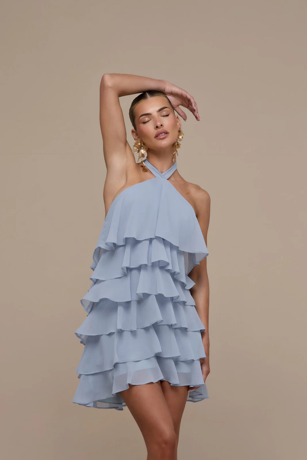 PRIMROSE HALTER NECK TIERED RUFFLE MINI DRESS | POWDER BLUE - Image 14