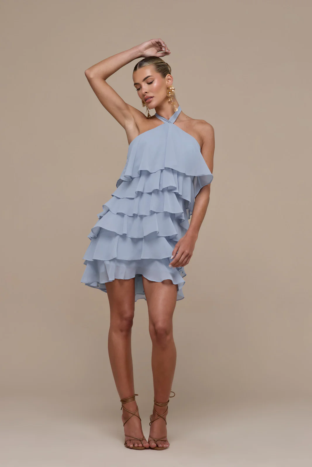 PRIMROSE HALTER NECK TIERED RUFFLE MINI DRESS | POWDER BLUE - Image 15