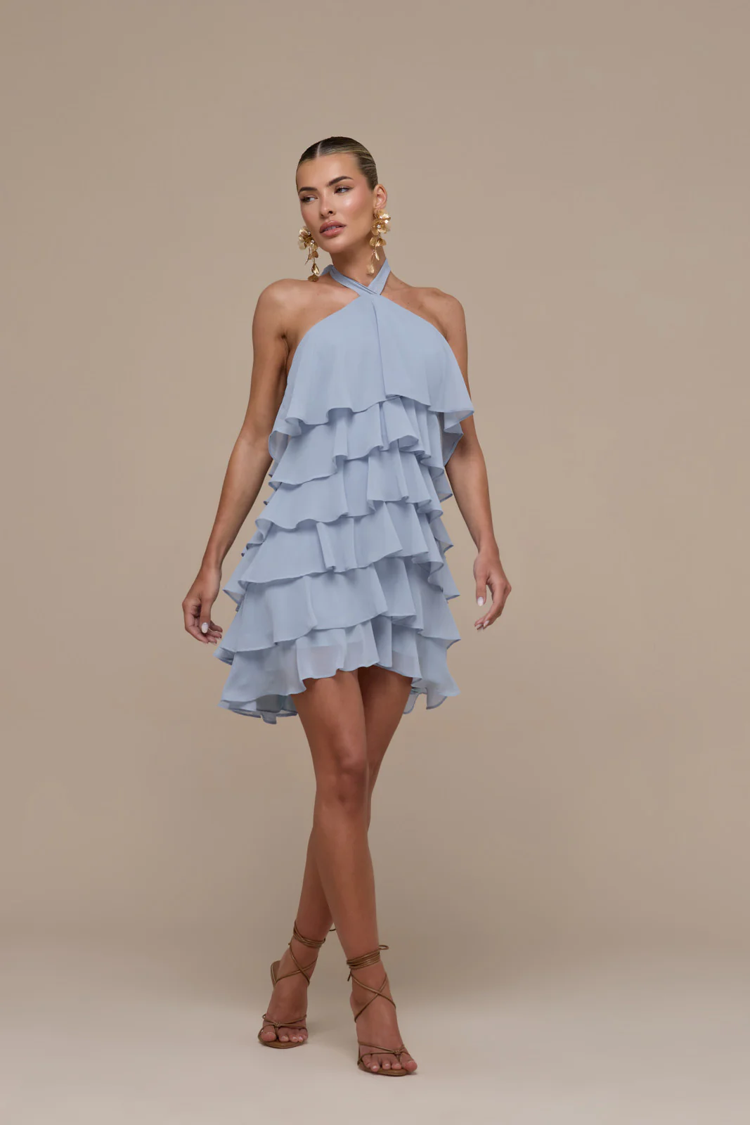 PRIMROSE HALTER NECK TIERED RUFFLE MINI DRESS | POWDER BLUE - Image 16