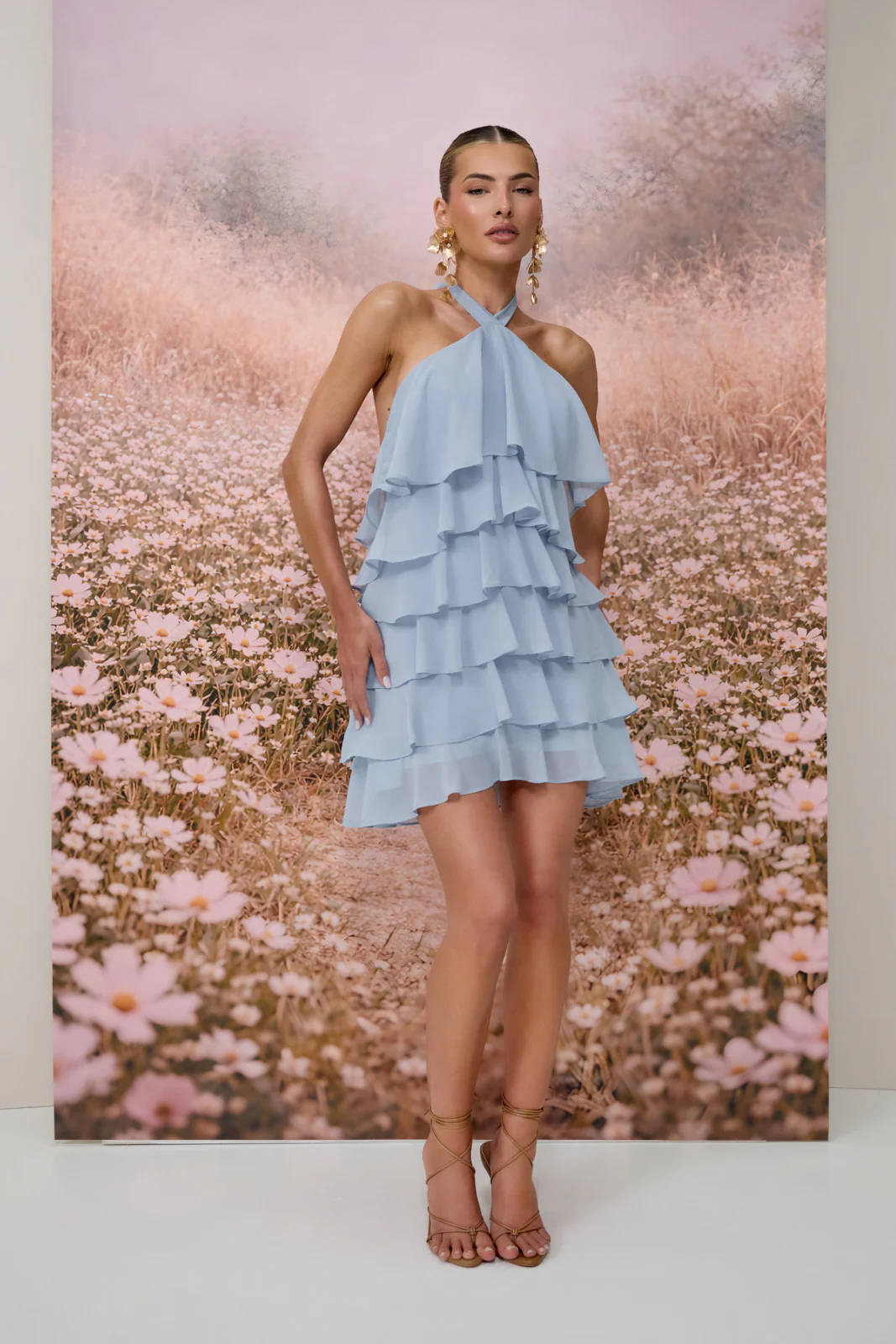 PRIMROSE HALTER NECK TIERED RUFFLE MINI DRESS | POWDER BLUE - Image 18