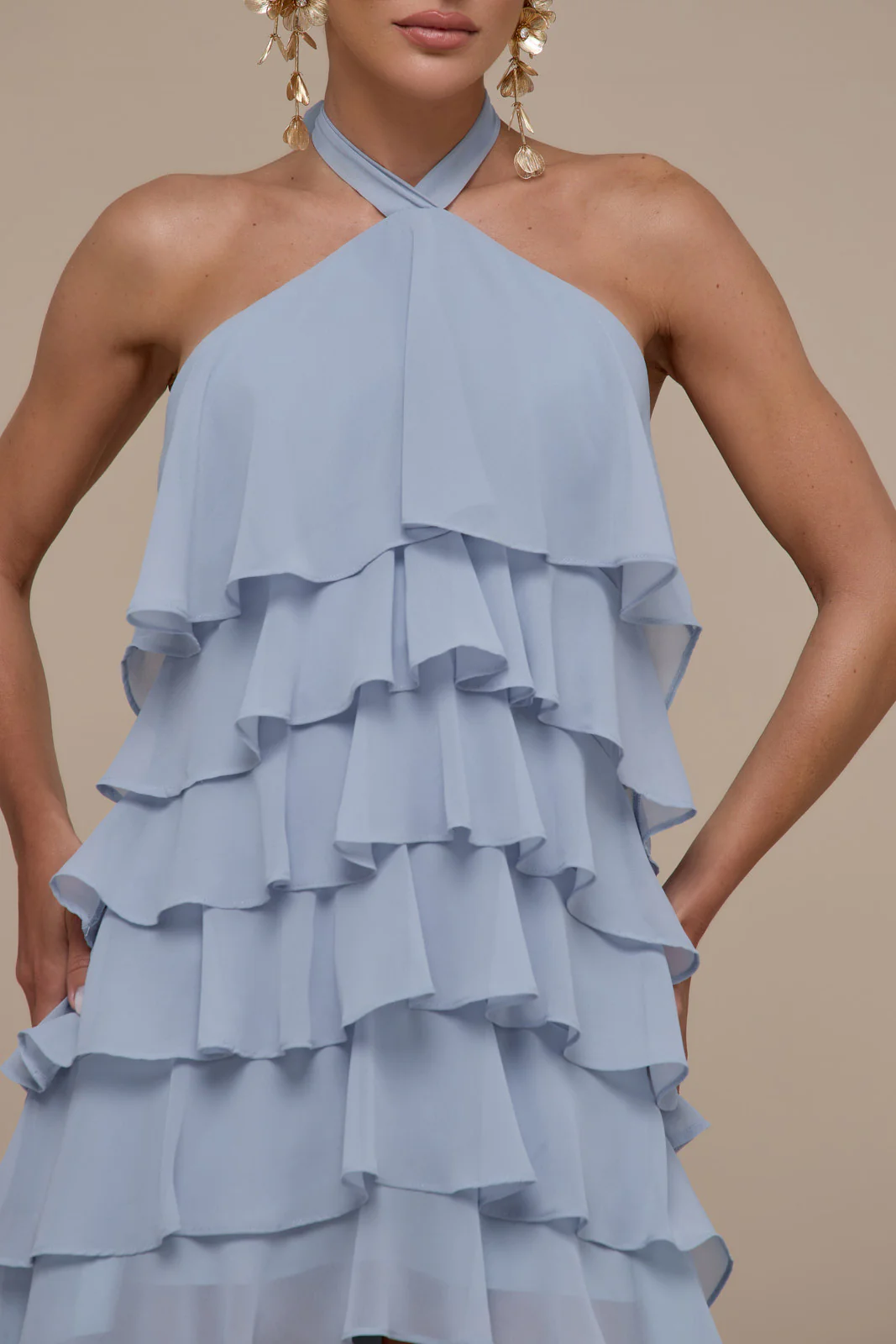 PRIMROSE HALTER NECK TIERED RUFFLE MINI DRESS | POWDER BLUE - Image 3