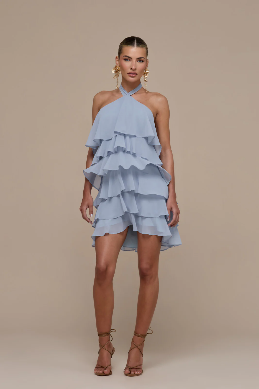 PRIMROSE HALTER NECK TIERED RUFFLE MINI DRESS | POWDER BLUE - Image 4