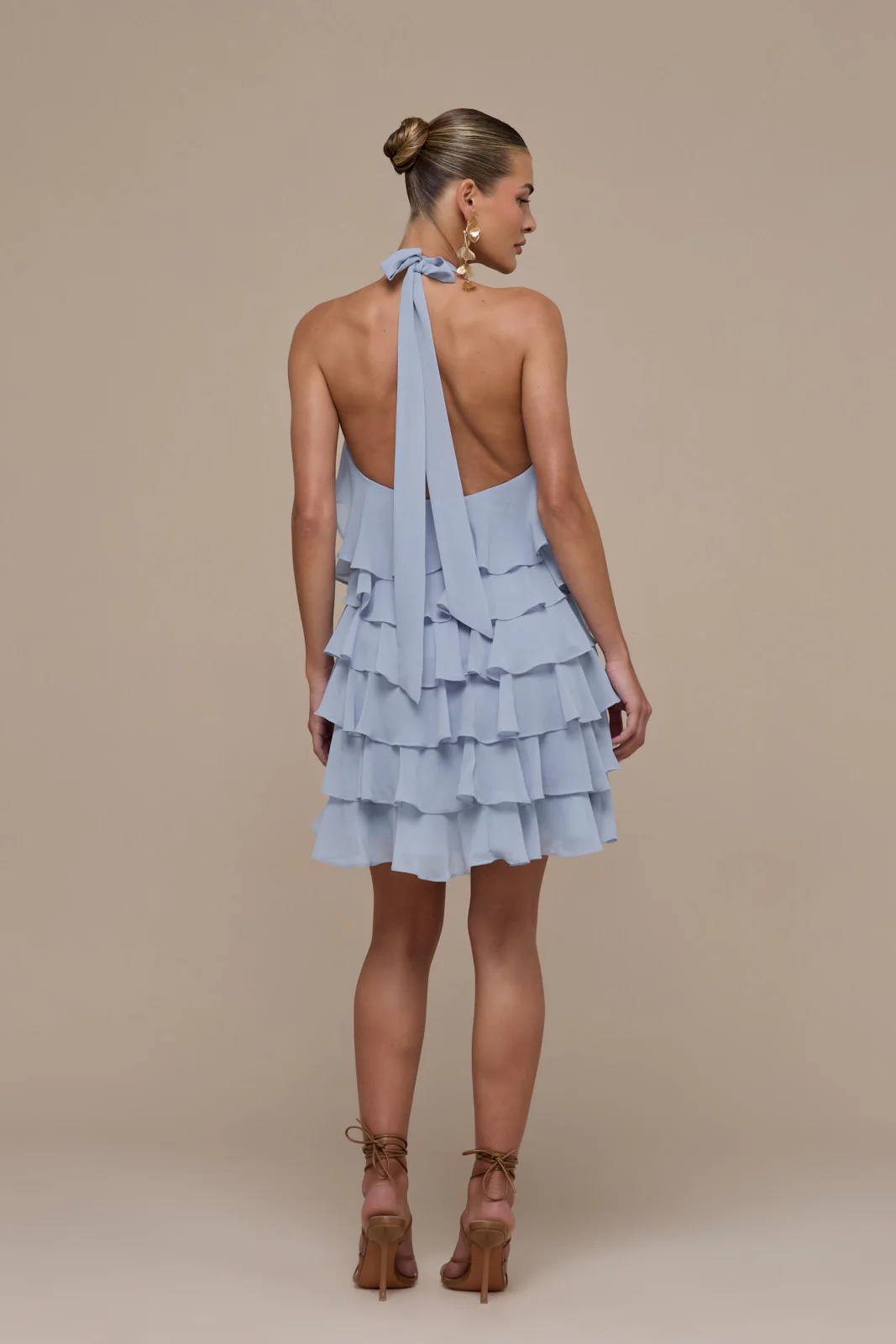 PRIMROSE HALTER NECK TIERED RUFFLE MINI DRESS | POWDER BLUE - Image 5