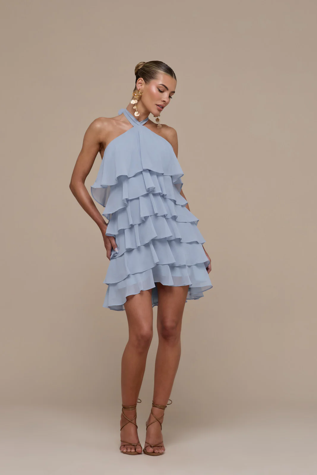 PRIMROSE HALTER NECK TIERED RUFFLE MINI DRESS | POWDER BLUE - Image 6