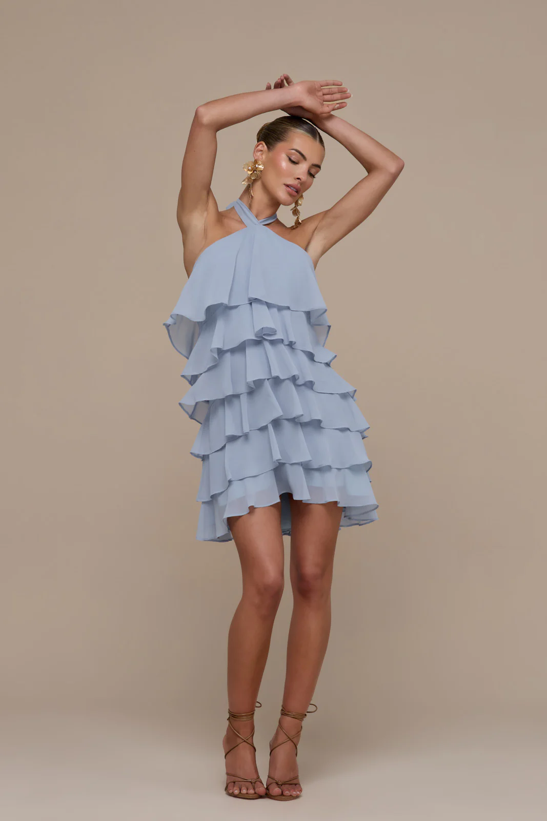 PRIMROSE HALTER NECK TIERED RUFFLE MINI DRESS | POWDER BLUE - Image 7