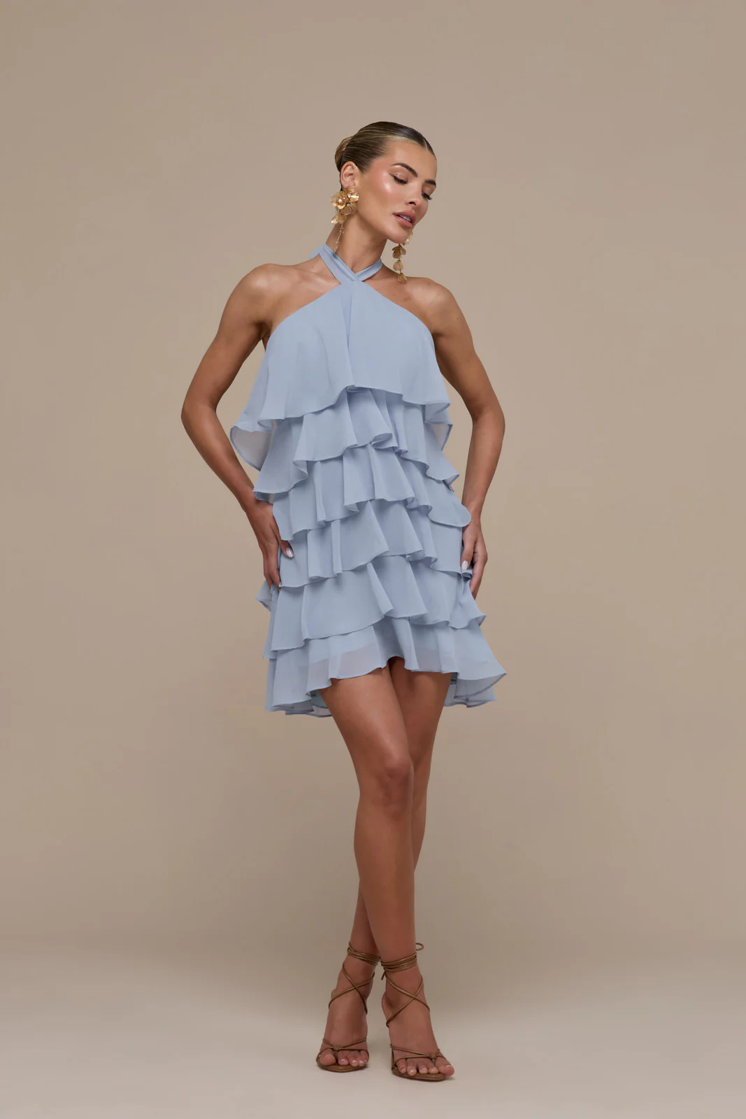 PRIMROSE HALTER NECK TIERED RUFFLE MINI DRESS | POWDER BLUE - Image 9