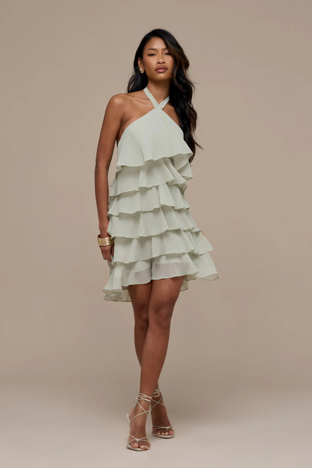 PRIMROSE HALTER NECK TIERED RUFFLE MINI DRESS | SAGE - Image 13