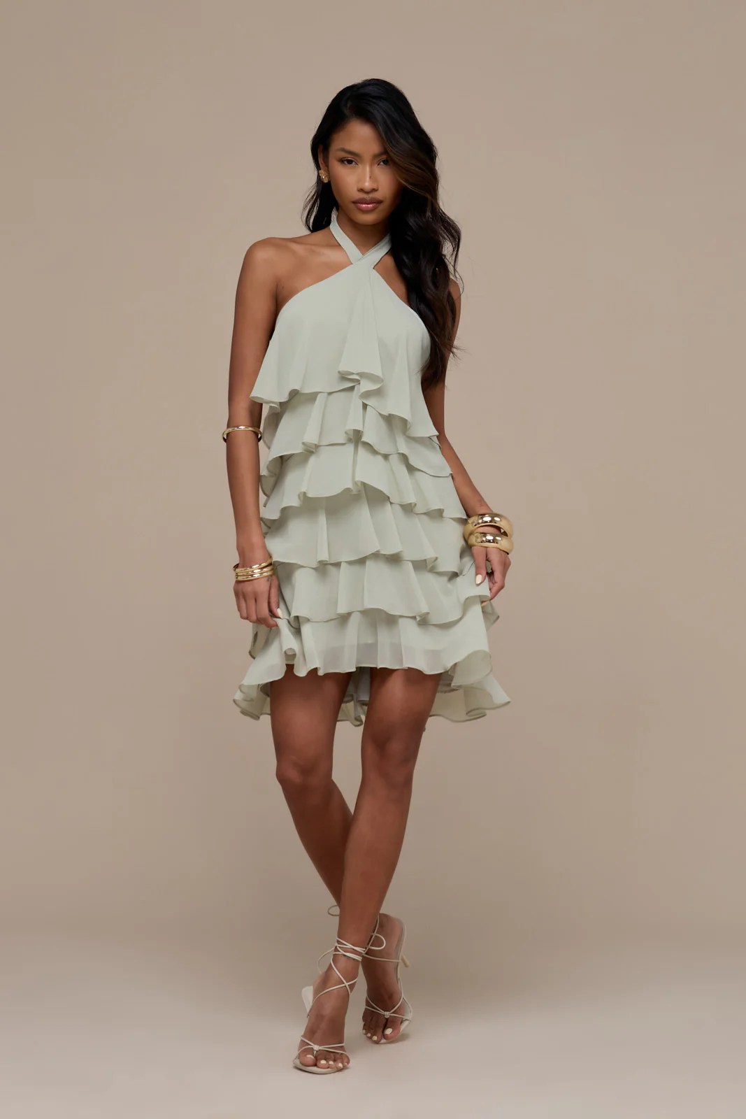 PRIMROSE HALTER NECK TIERED RUFFLE MINI DRESS | SAGE - Image 2
