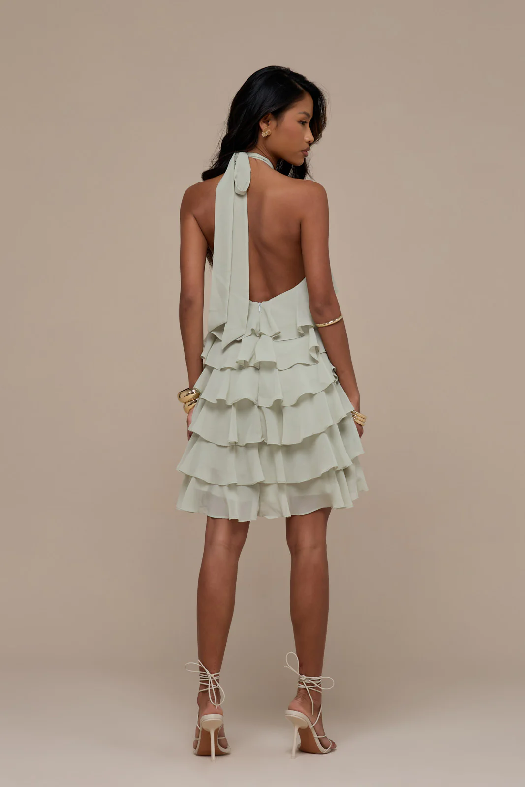 PRIMROSE HALTER NECK TIERED RUFFLE MINI DRESS | SAGE - Image 3