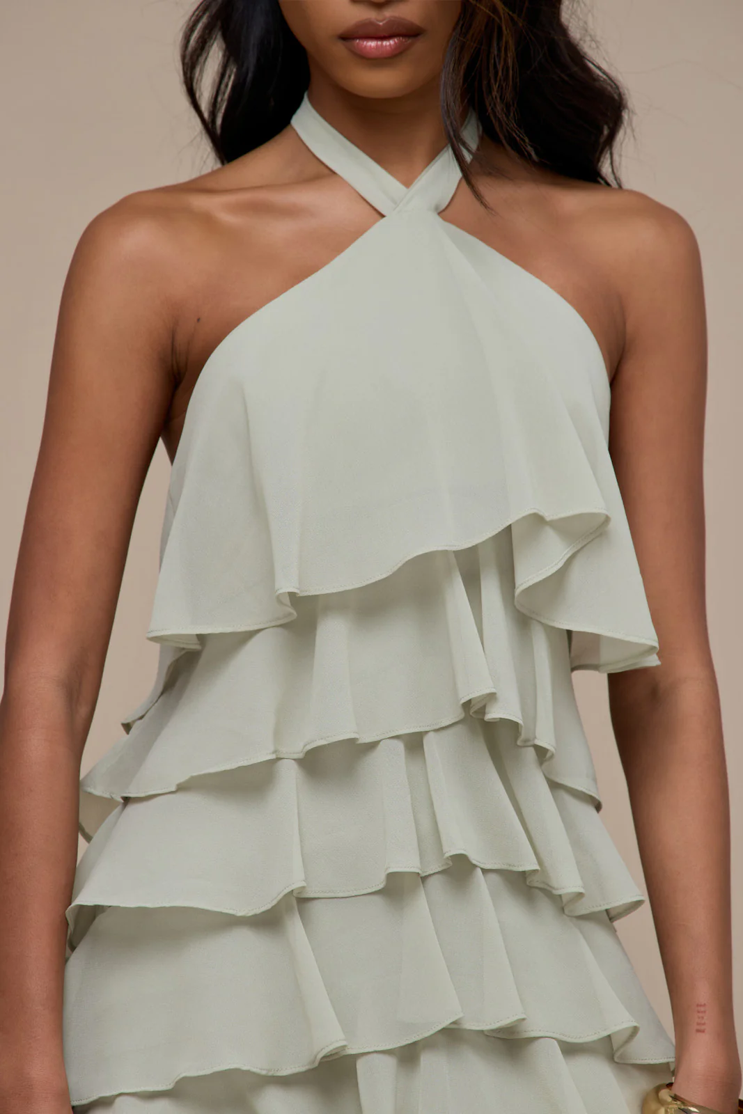 PRIMROSE HALTER NECK TIERED RUFFLE MINI DRESS | SAGE - Image 4