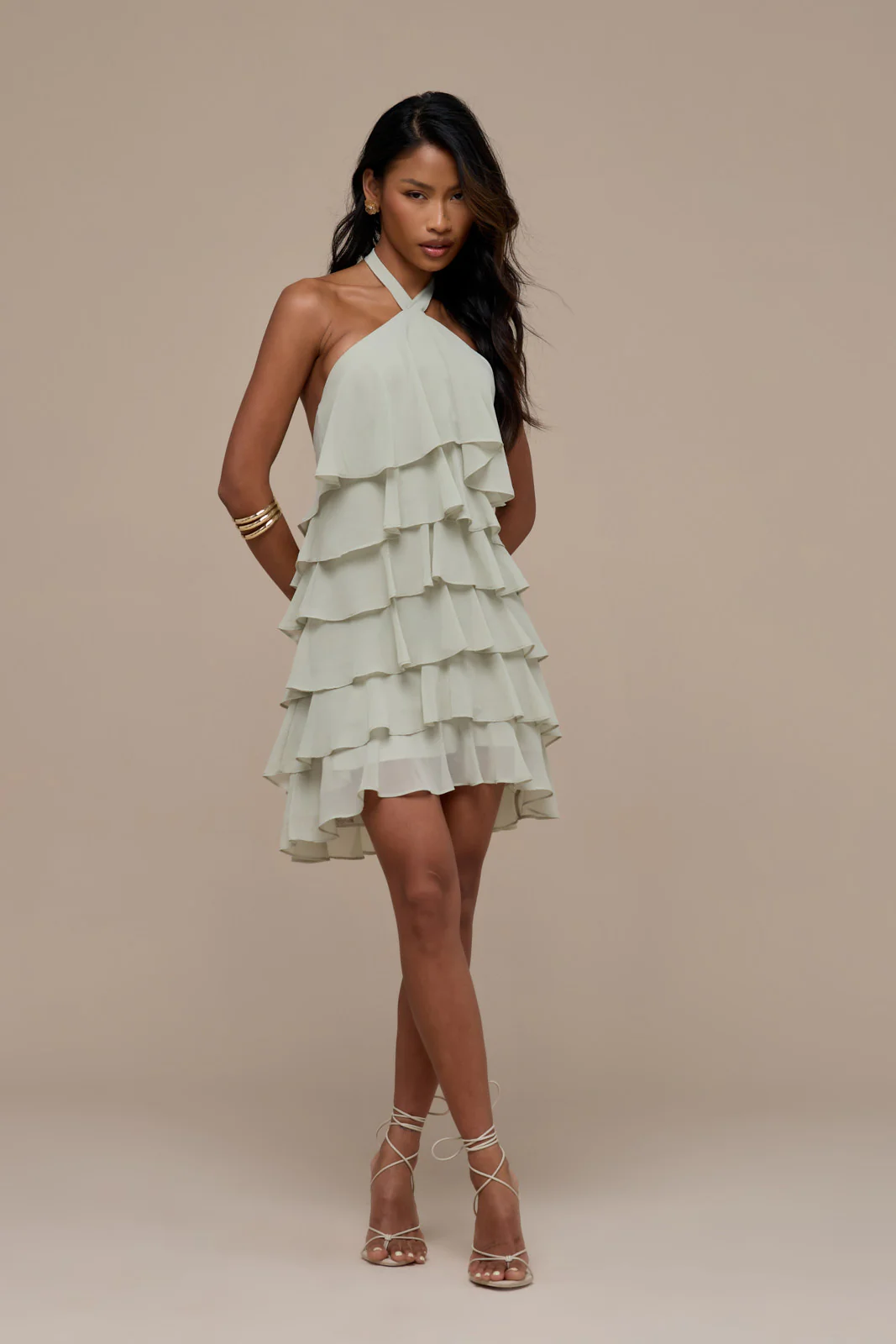 PRIMROSE HALTER NECK TIERED RUFFLE MINI DRESS | SAGE - Image 7