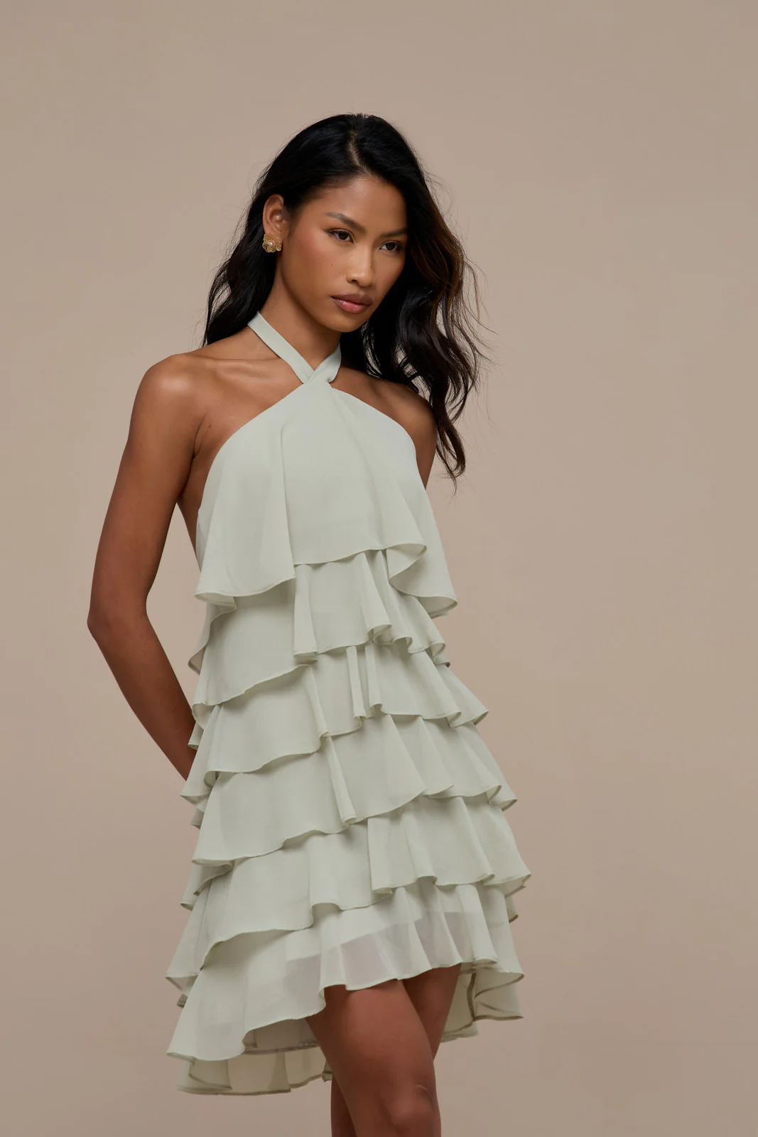PRIMROSE HALTER NECK TIERED RUFFLE MINI DRESS | SAGE - Image 8