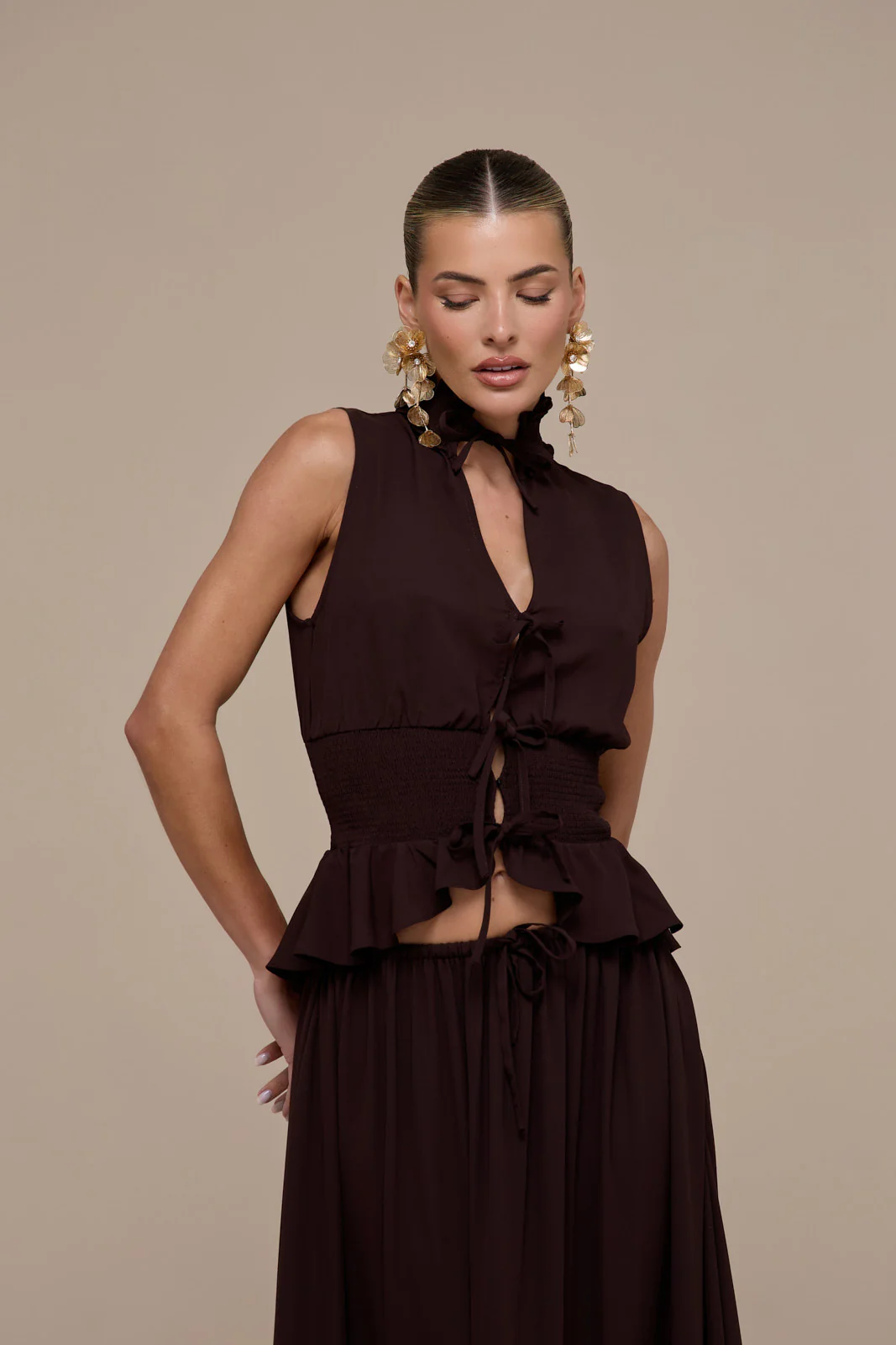 PRIMROSE SLEEVELESS HIGH-NECK LACE UP TOP | CHOCOLATE BROWN - Image 10