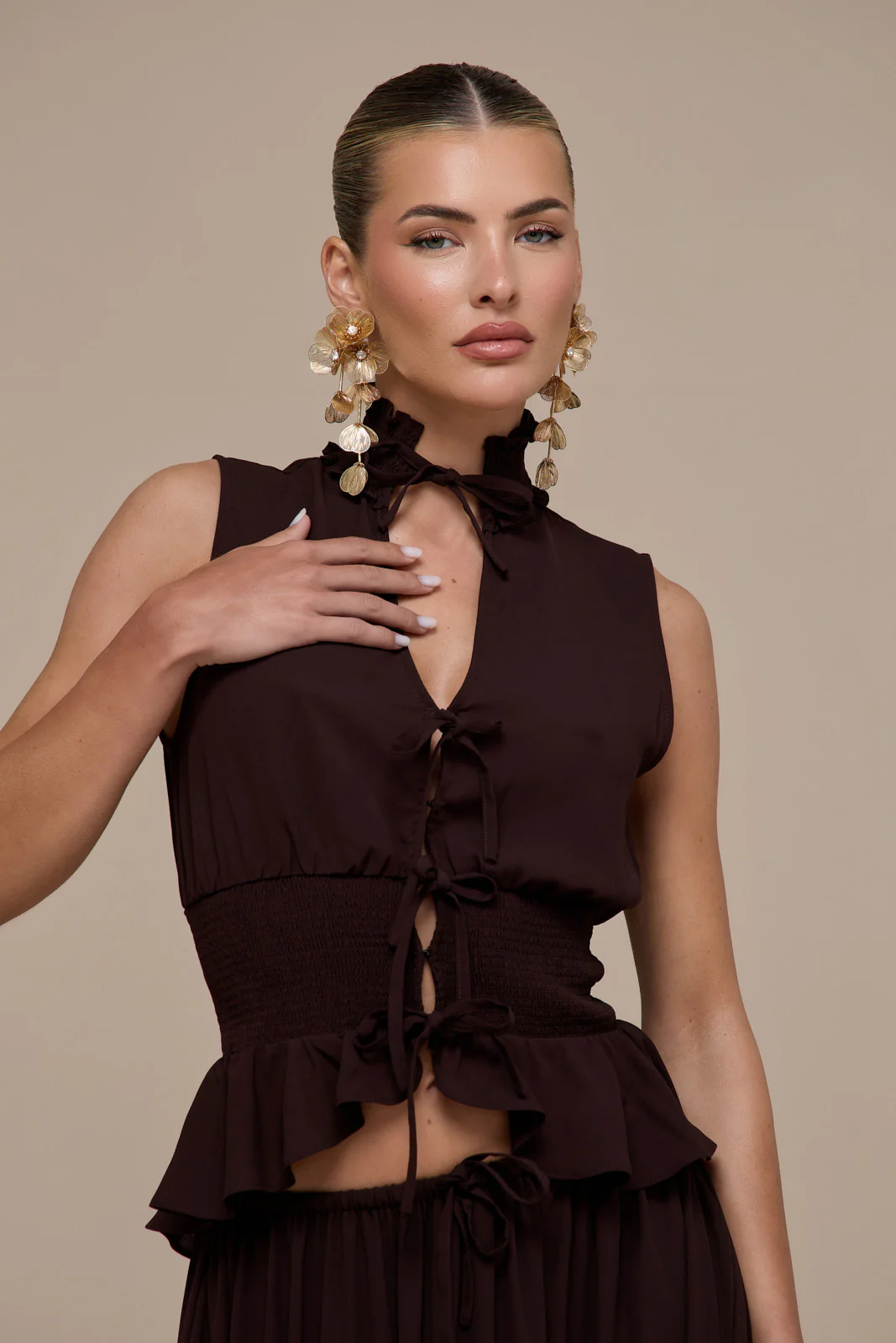 PRIMROSE SLEEVELESS HIGH-NECK LACE UP TOP | CHOCOLATE BROWN - Image 11