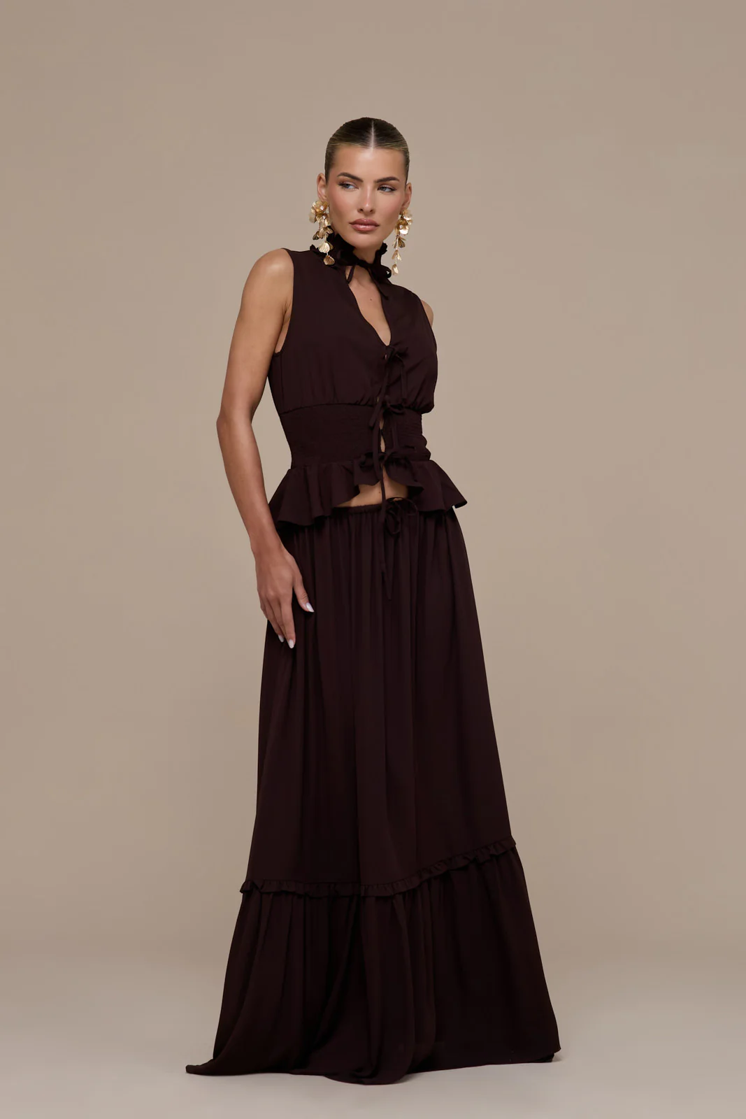 PRIMROSE SLEEVELESS HIGH-NECK LACE UP TOP | CHOCOLATE BROWN - Image 6