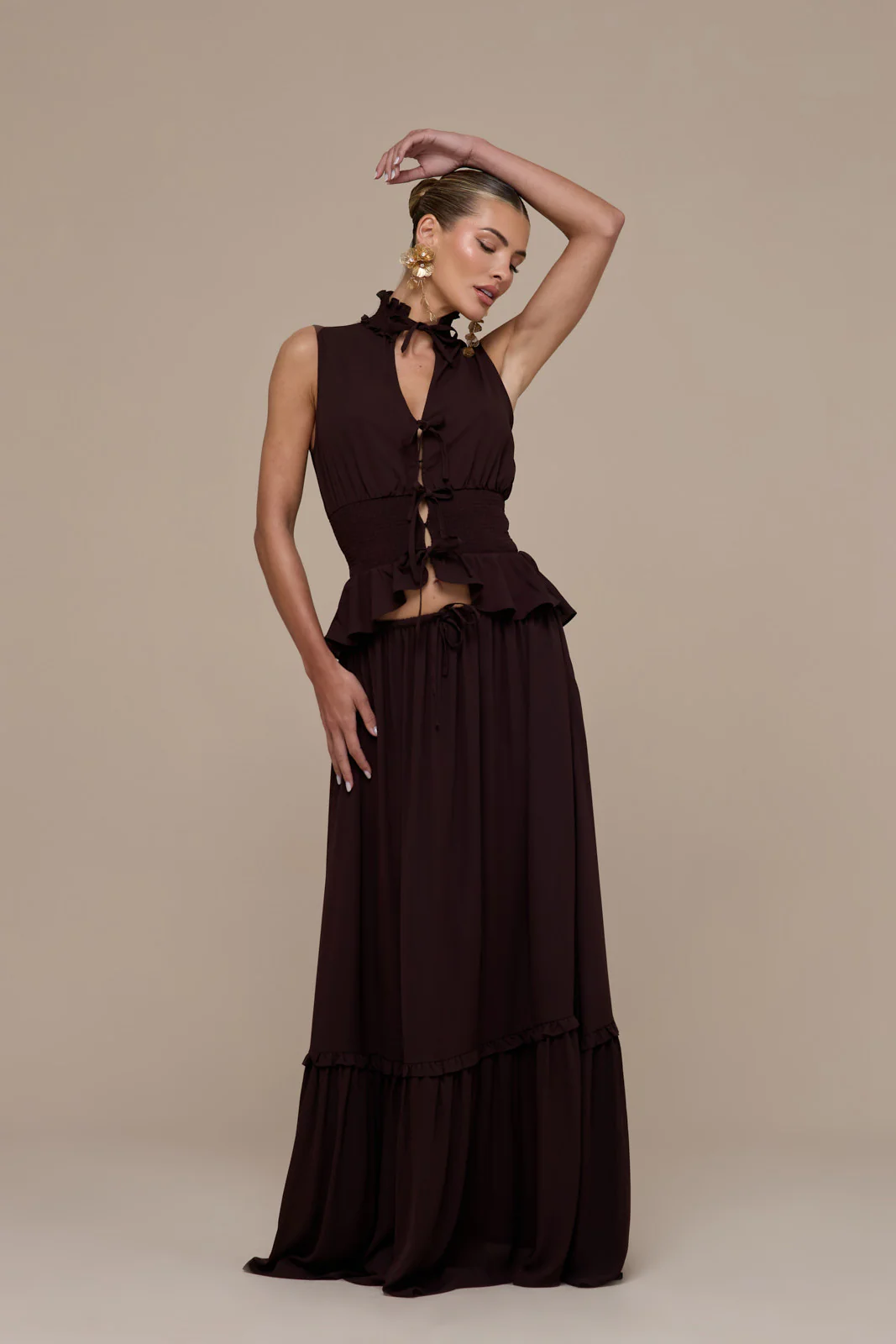 PRIMROSE SLEEVELESS HIGH-NECK LACE UP TOP | CHOCOLATE BROWN - Image 7