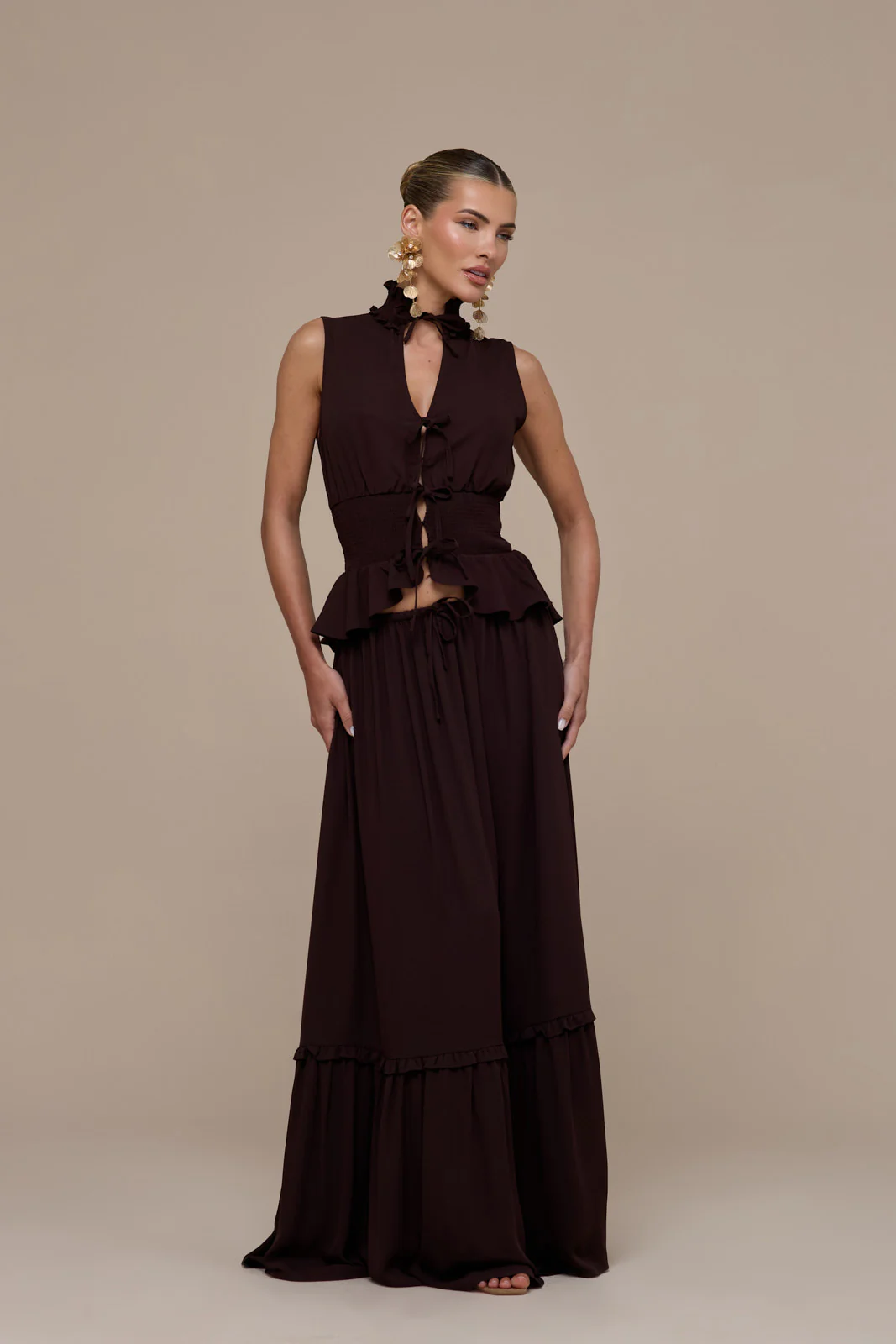 PRIMROSE SLEEVELESS HIGH-NECK LACE UP TOP | CHOCOLATE BROWN - Image 8