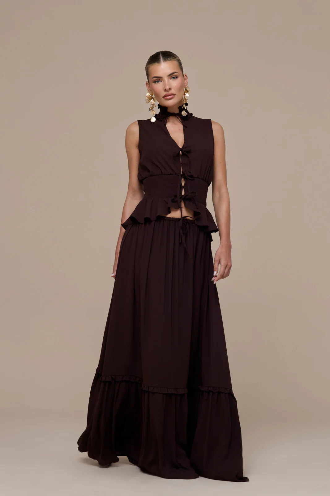PRIMROSE SLEEVELESS HIGH-NECK LACE UP TOP | CHOCOLATE BROWN - Image 9