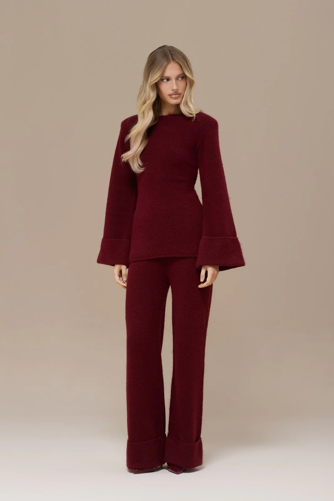 RHYLA TURN UP KNITTED TROUSERS | WINE - Image 4