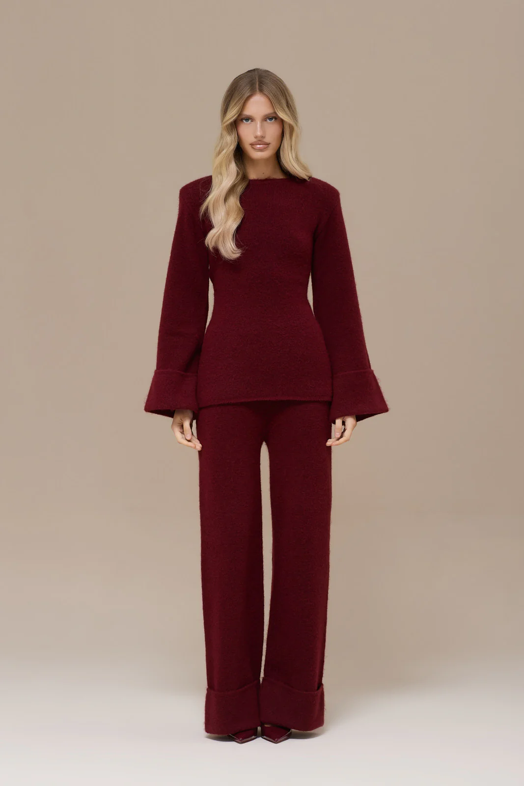 RHYLA TURN UP KNITTED TROUSERS | WINE - Image 6