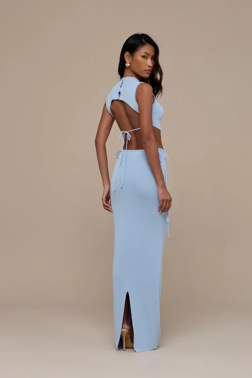 SIENNA SLEEVELESS KNITTED TOP WITH OPEN BACK BUTTON DETAIL | BABY BLUE - Image 3