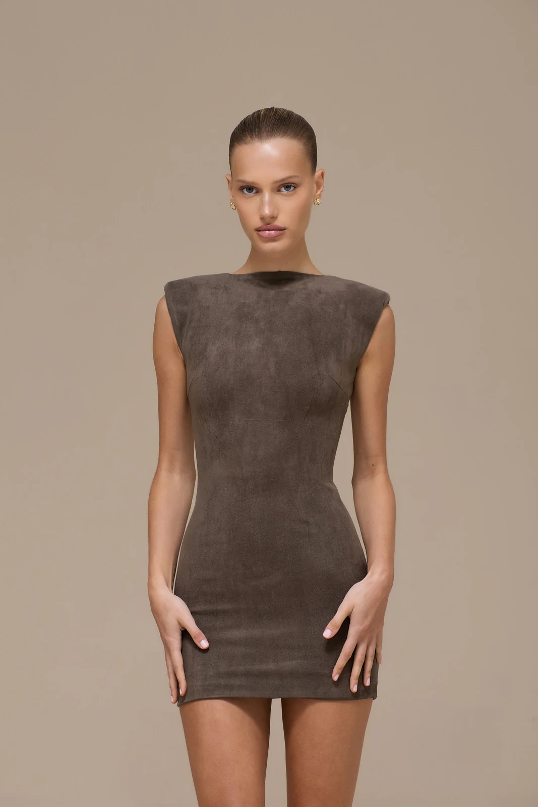 SUEDE MINI DRESS | DARK TAUPE - SALE - Image 11