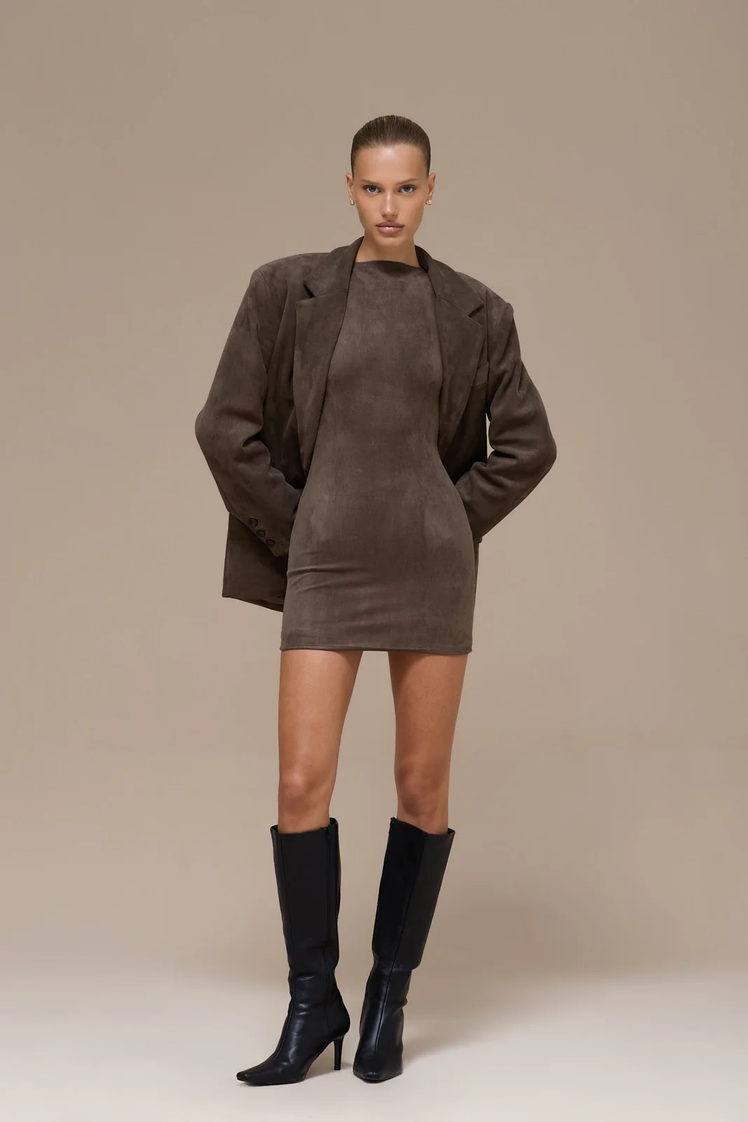 SUEDE MINI DRESS | DARK TAUPE - SALE - Image 13