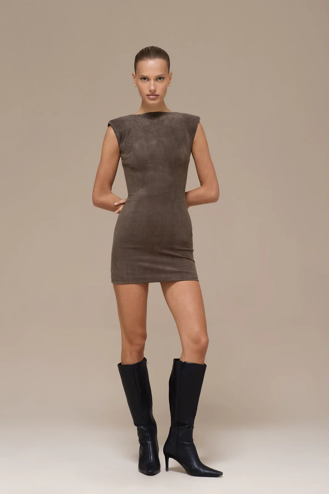 SUEDE MINI DRESS | DARK TAUPE - SALE - Image 14