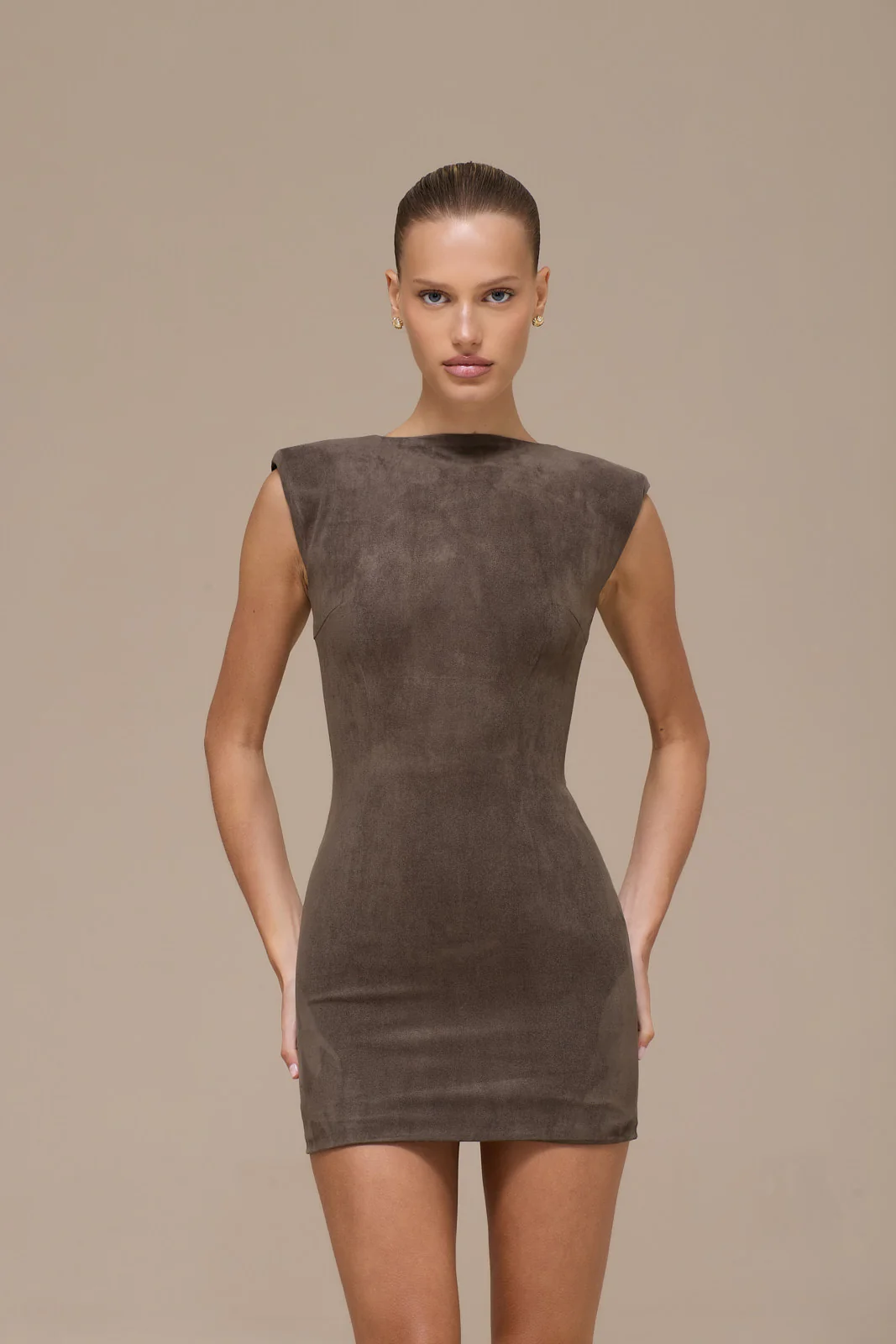 SUEDE MINI DRESS | DARK TAUPE - SALE - Image 15